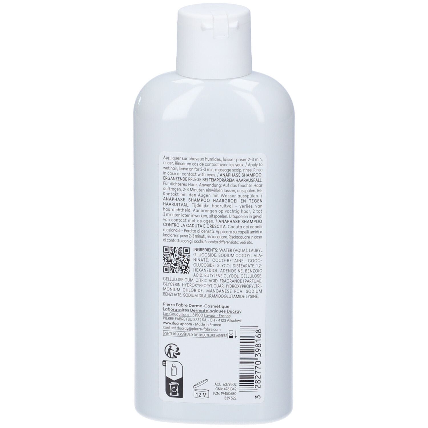 Retro di un flacone bianco. Testo multilingue: istruzioni per l'uso, ingredienti, informazioni sul produttore, codice QR.
