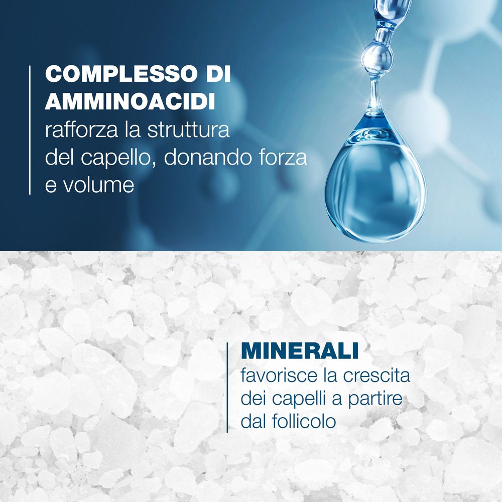 Grafica con aminoacidi e minerali. Testo: Gli aminoacidi rafforzano la struttura dei capelli. I minerali favoriscono la crescita.