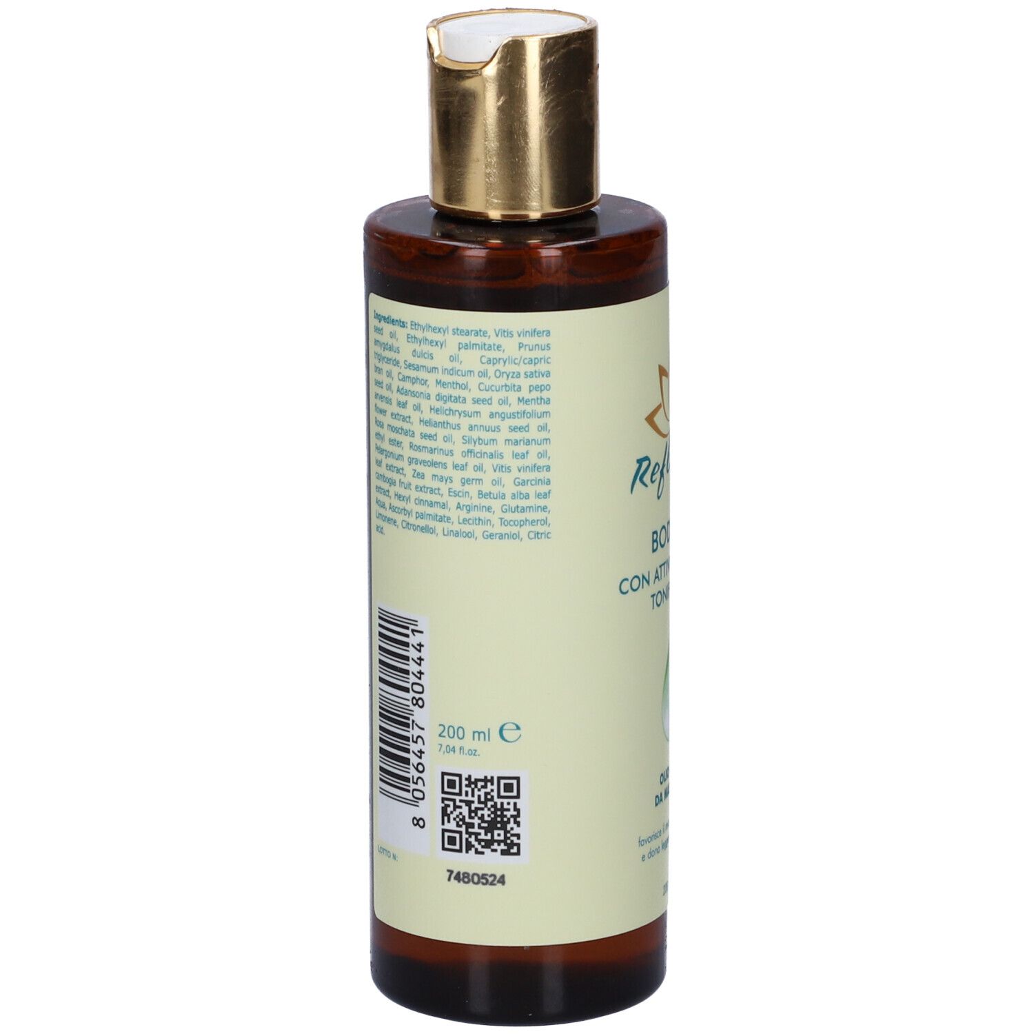 Retro del flacone. Scritte: ingredienti, 200 ml, codice QR, simboli di riciclaggio.