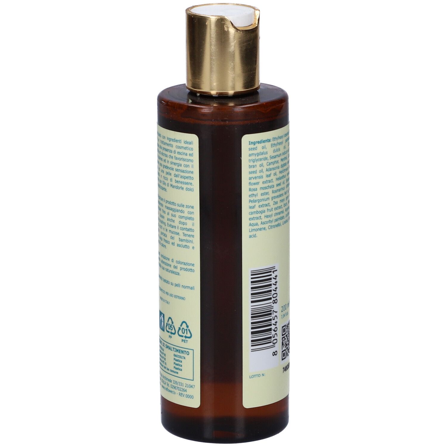 Retro del flacone. Scritte: ingredienti, simboli di riciclaggio.