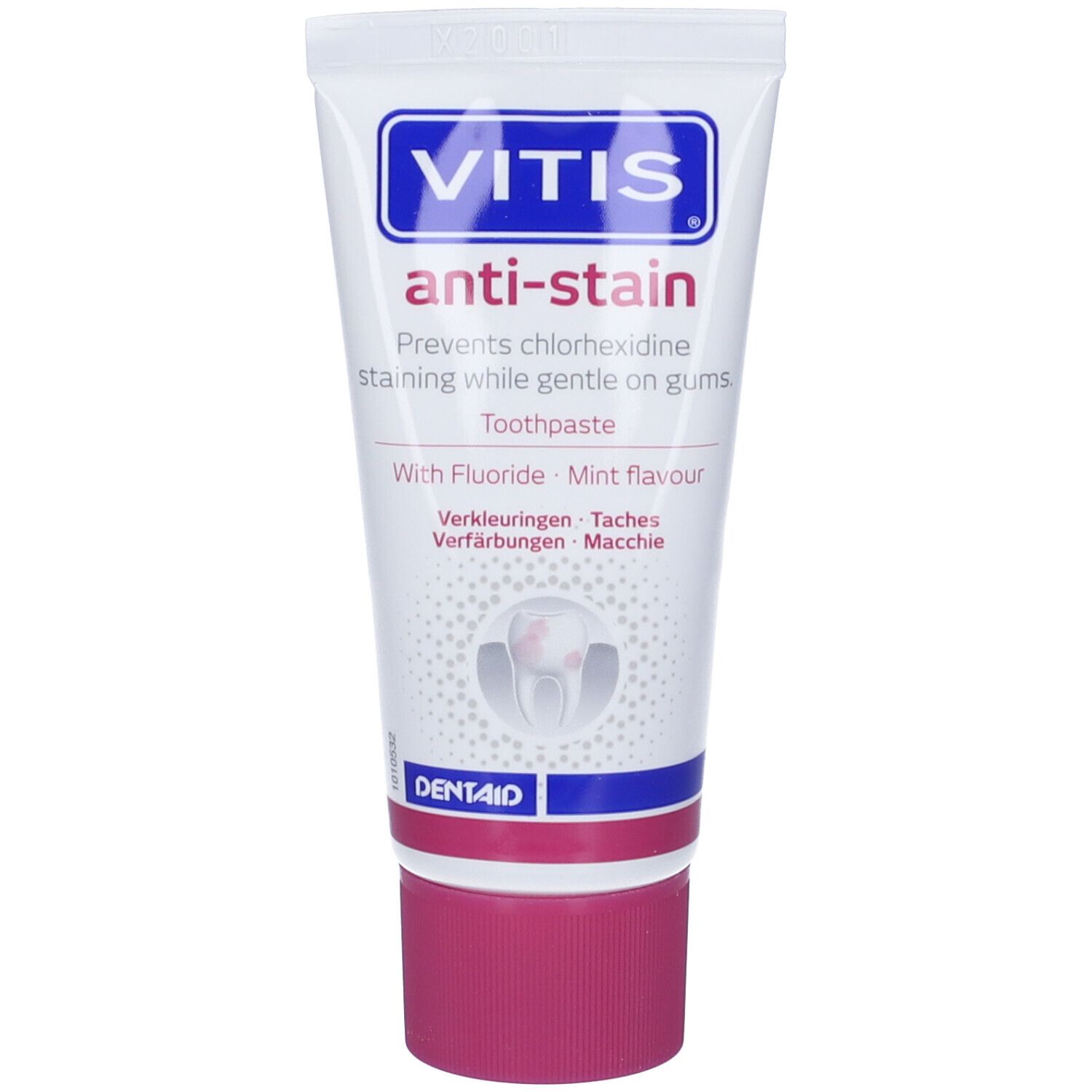 Tubo di dentifricio bianco, design blu e rosa. Scritta: VITIS anti-macchia. Contiene fluoro e aroma menta.