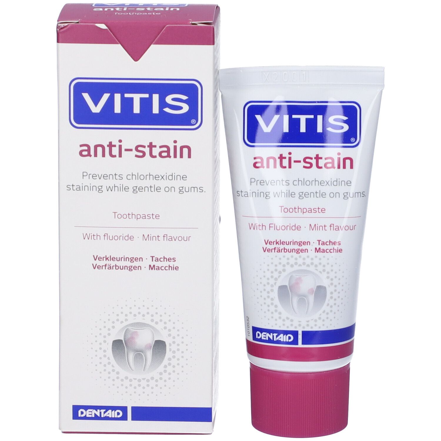 Tubetto di dentifricio e confezione in cartone. Entrambi con design bianco, blu e rosa. Scritta: VITIS anti-macchia.