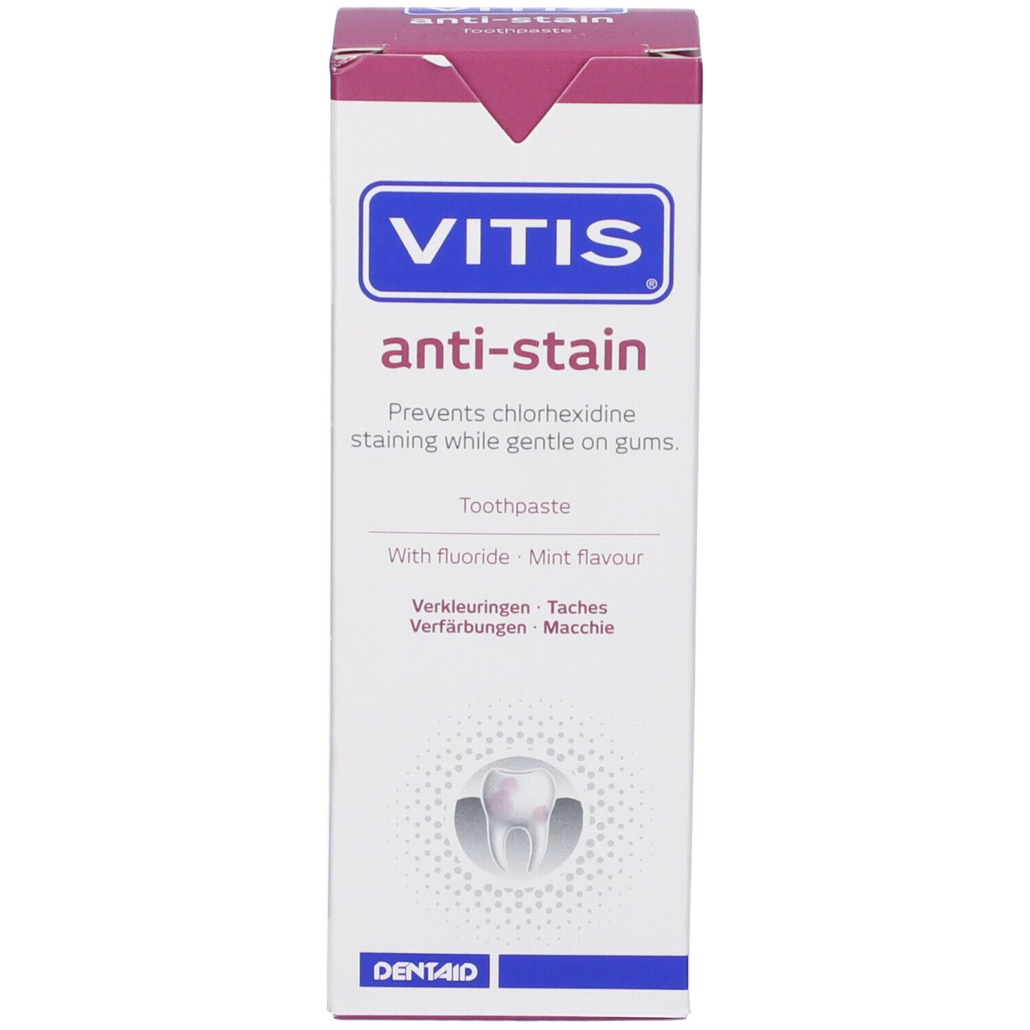 Confezione in cartone per dentifricio. Bianca, design rosa. Scritta: VITIS anti-macchia. Contiene fluoro e aroma menta.