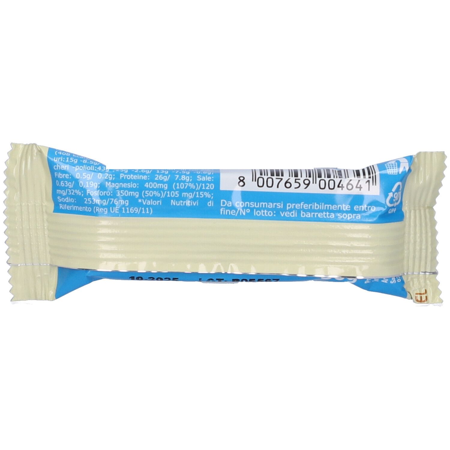 Retro della barretta proteica. Confezione bianca con elementi blu. Informazioni nutrizionali e codice a barre.