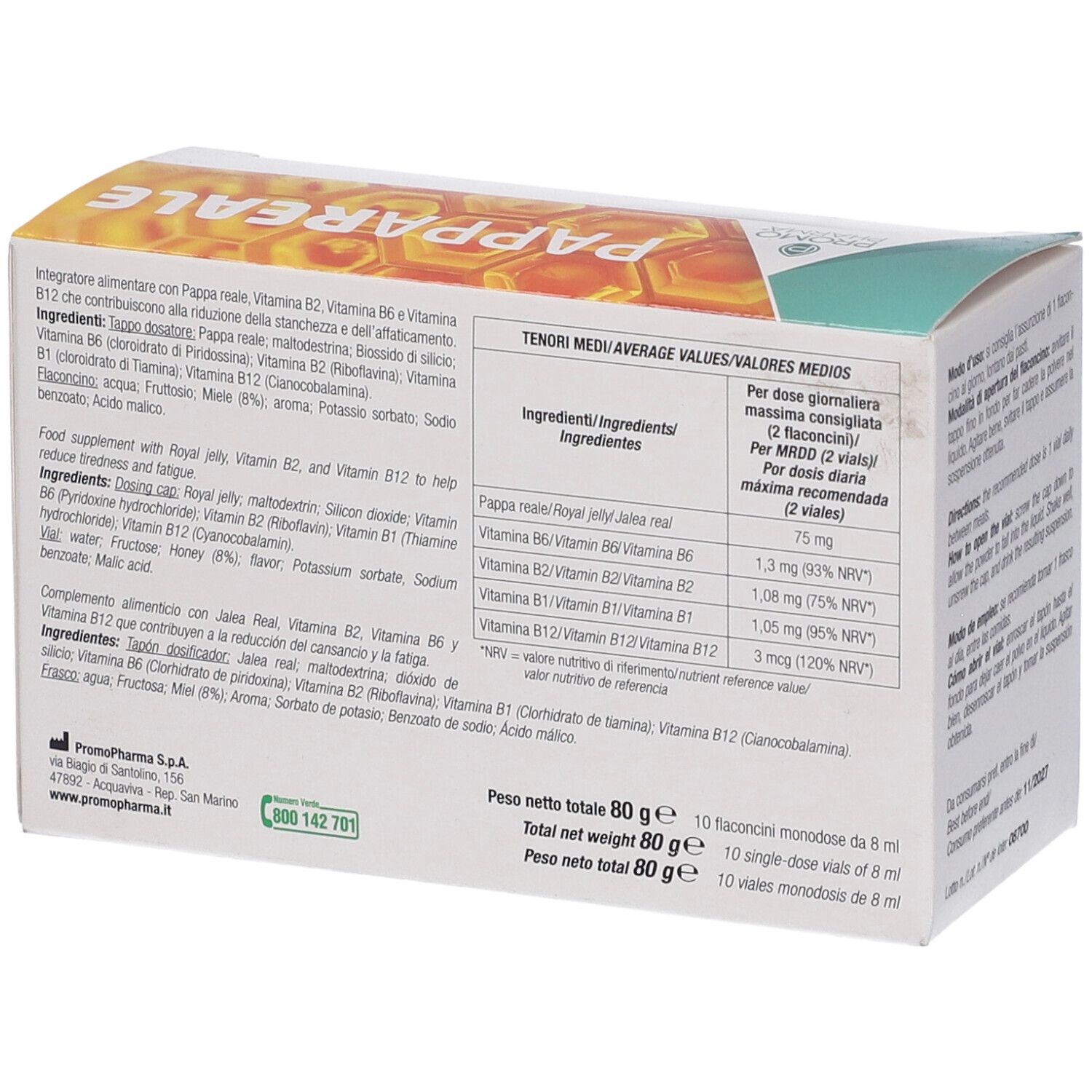 Retro scatola Pappa Reale. Tabella nutrizionale. Ingredienti. Peso netto 80g.