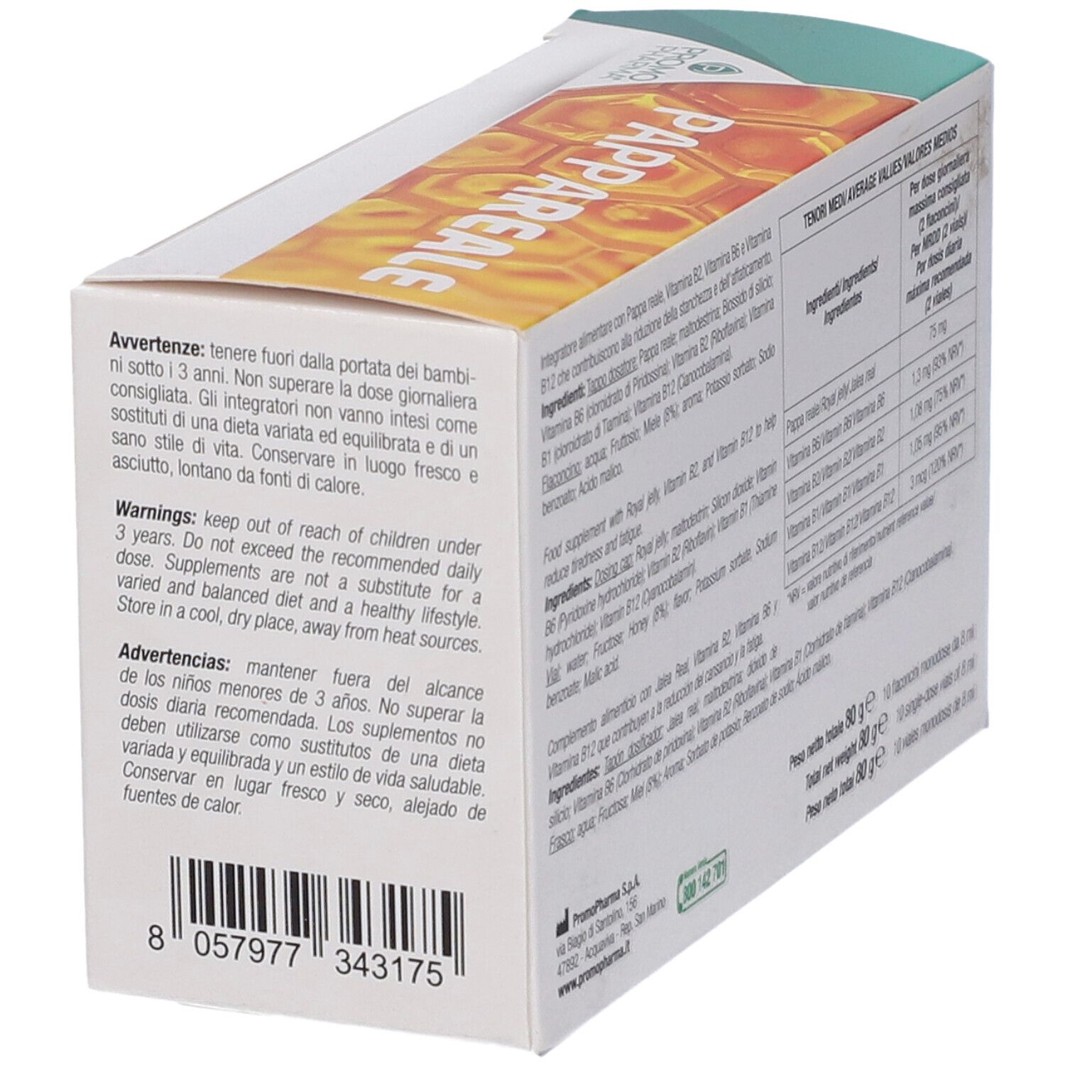 Scatola Pappa Reale. Avvertenze. Tenere fuori dalla portata dei bambini sotto i 3 anni. Codice a barre.