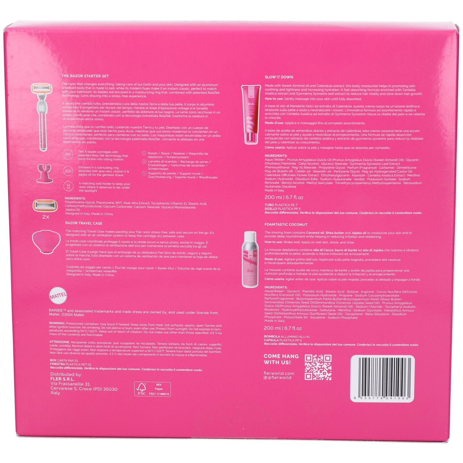 Retro di una confezione regalo set rasatura Barbie con informazioni sul prodotto e ingredienti.