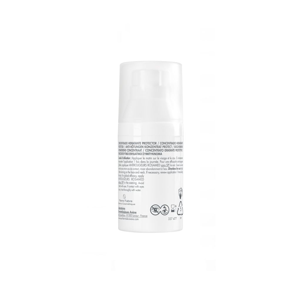 Retro del flacone bianco. Testo: Eau Thermale Avène, ANTIROUGEURS ROSAMED SPF 50+.