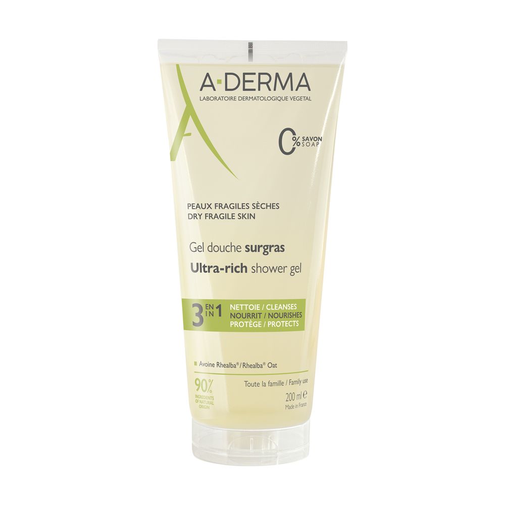 A-Derma Les Indispensables Gel Doccia Surgras 200ml - Pelle secca e fragilizzata, 3 in 1 (deterge, protegge e nutre)