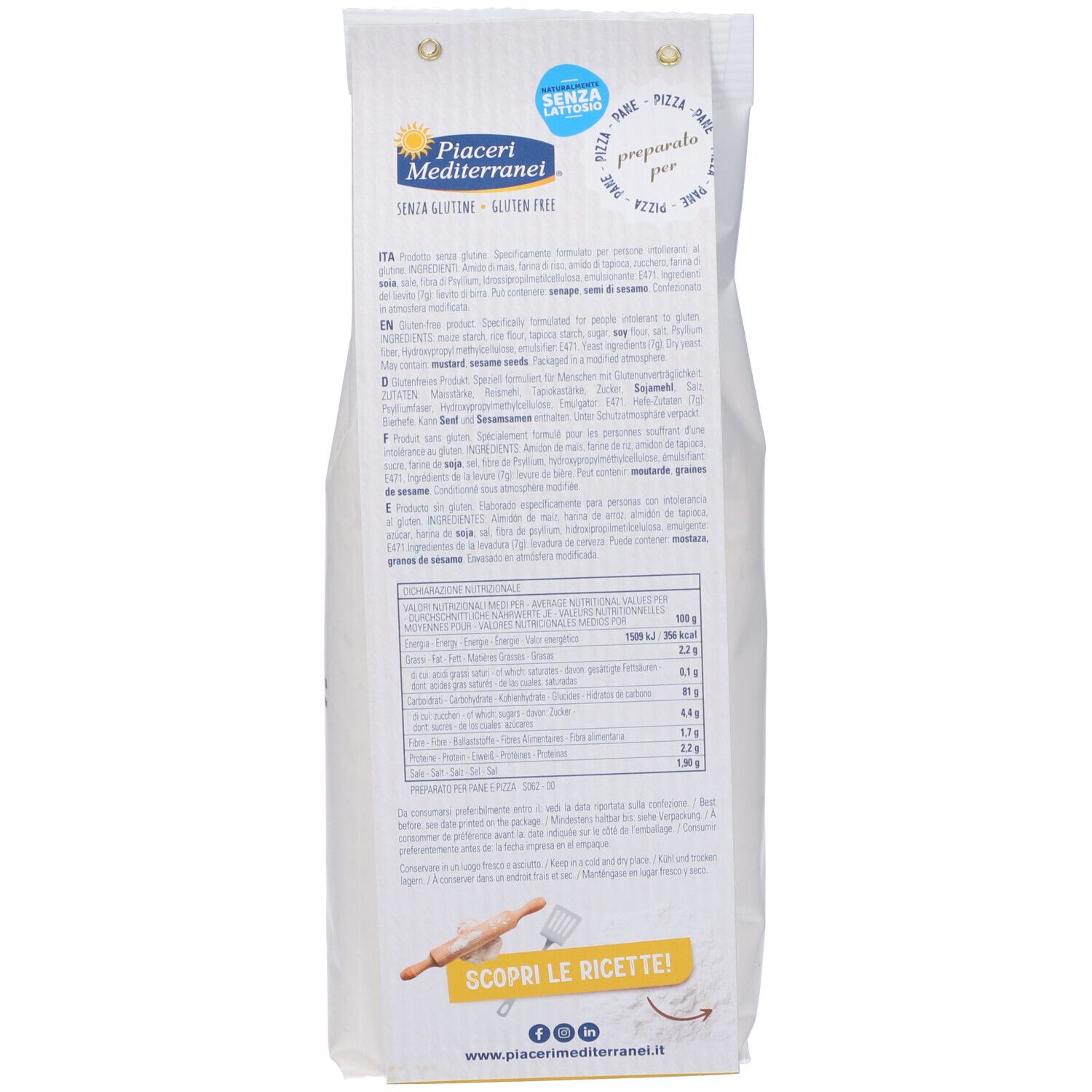 Retro del sacchetto bianco. Testo: Piaceri Mediterranei, senza glutine. Contiene informazioni nutrizionali e istruzioni.