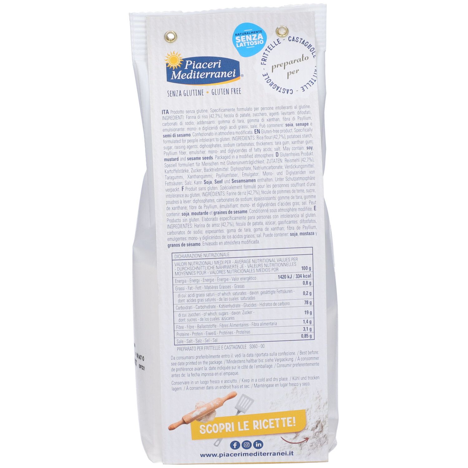 Retro confezione 'Piaceri Mediterranei Preparato Frittelle e Castagnole'. Contiene testo, informazioni nutrizionali e logo.
