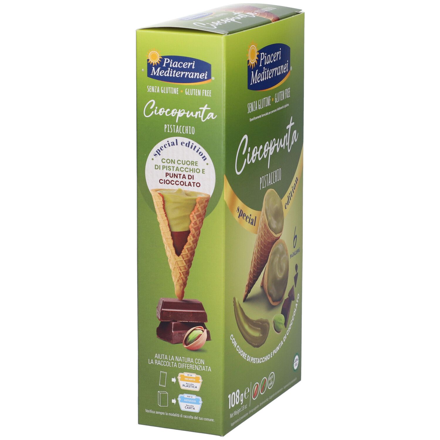 Scatola verde Ciocopunta Pistacchio. Vista frontale e laterale. Immagine di cono gelato. Testo: senza glutine, 108g.