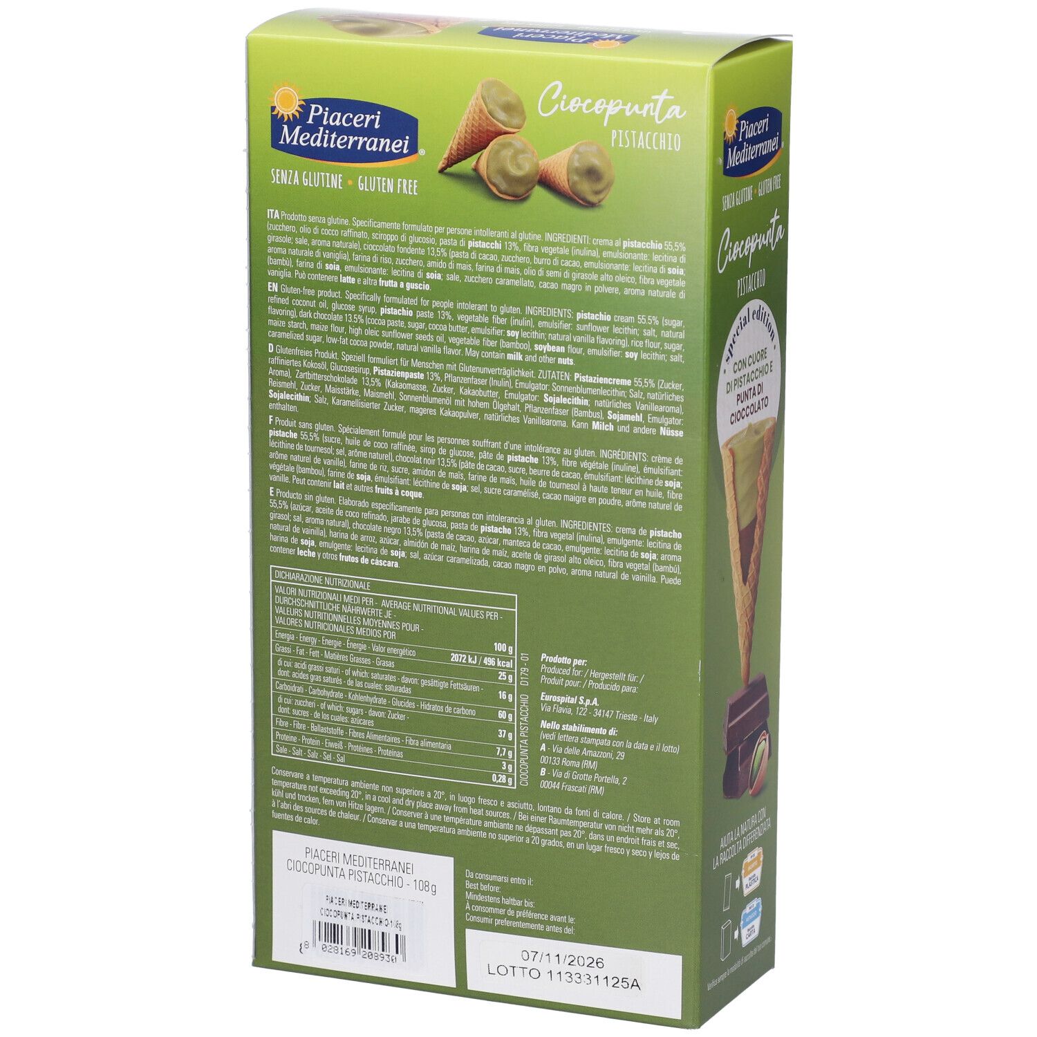 Retro della scatola verde Ciocopunta Pistacchio. Testo multilingue. Informazioni nutrizionali. Scadenza: 07/11/2026.