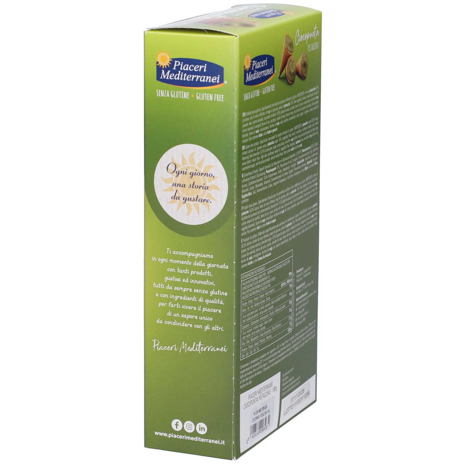 Lato della scatola verde Ciocopunta Pistacchio. Testo in italiano. Logo Piaceri Mediterranei.