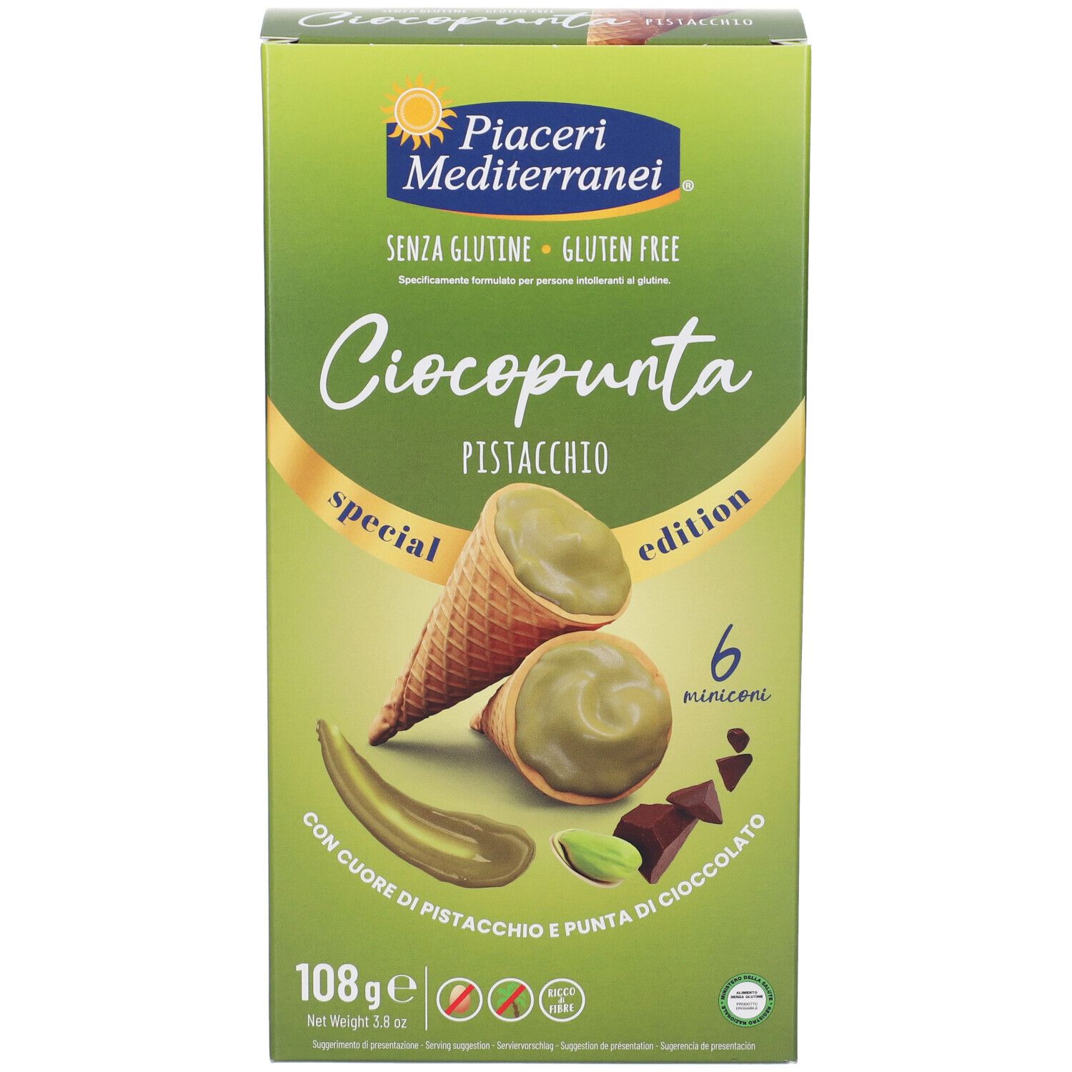 Scatola verde Ciocopunta Pistacchio. Immagine di coni gelato alla crema di pistacchio. Testo: senza glutine, 6 miniconi, 108g.