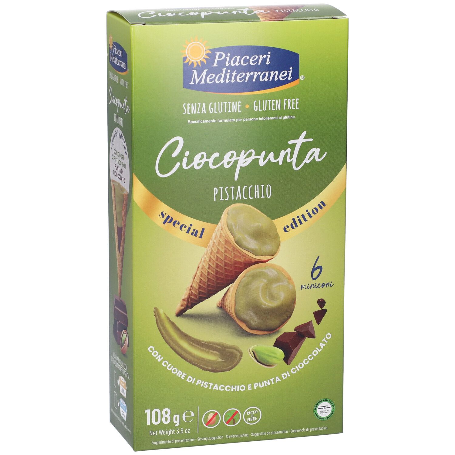 Scatola verde Ciocopunta Pistacchio. Immagine di coni gelato alla crema di pistacchio. Testo: senza glutine, 6 miniconi, 108g.