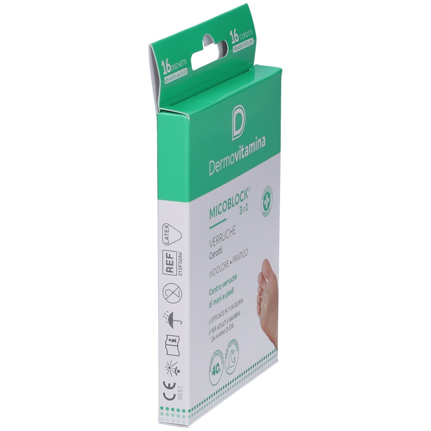 Confezione Dermovitamina Micoblock Verruche Patch, vista laterale. Scatola verde e bianca con informazioni e loghi.