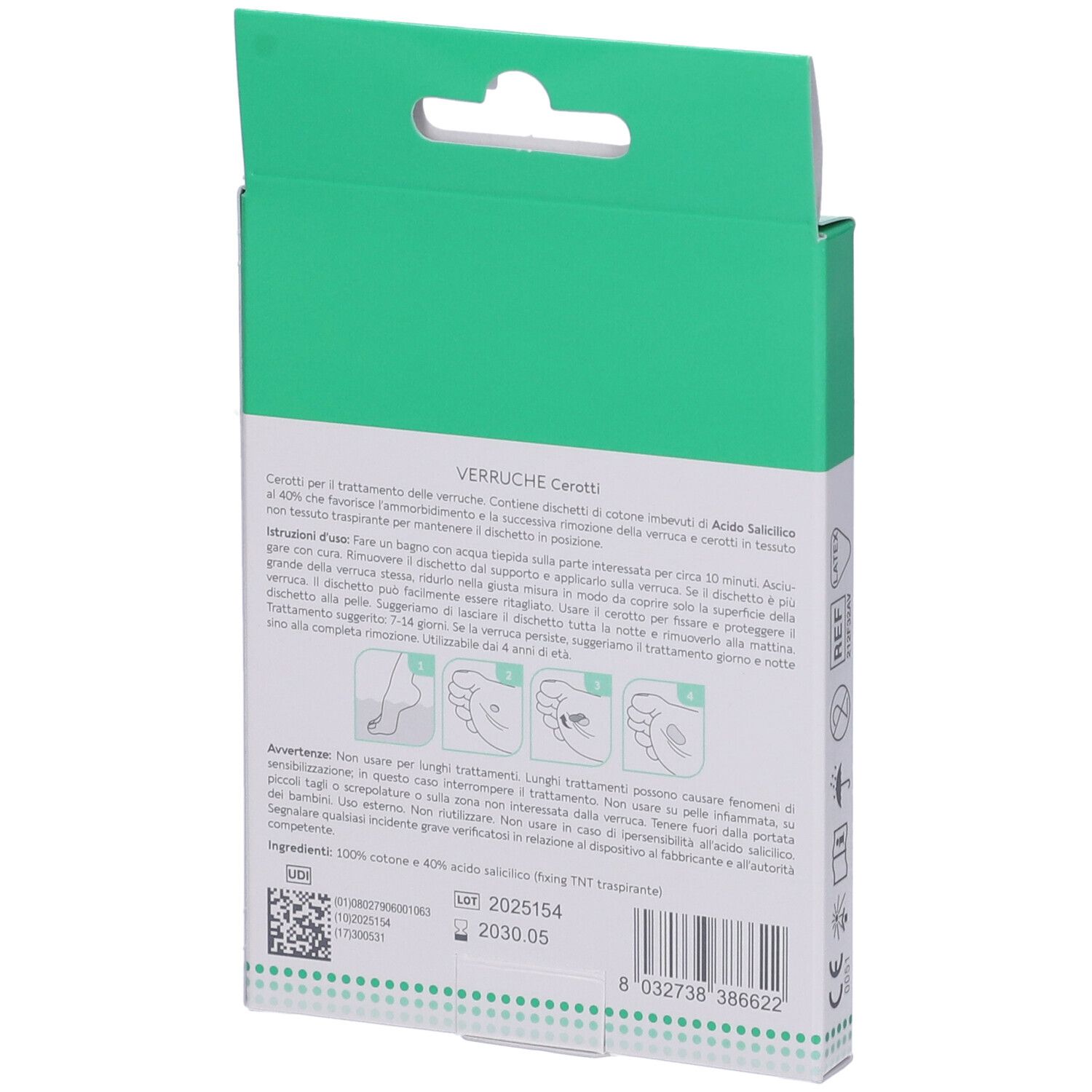 Retro della confezione Dermovitamina Micoblock Verruche Patch. Informazioni testuali e istruzioni per l'uso con illustrazioni.