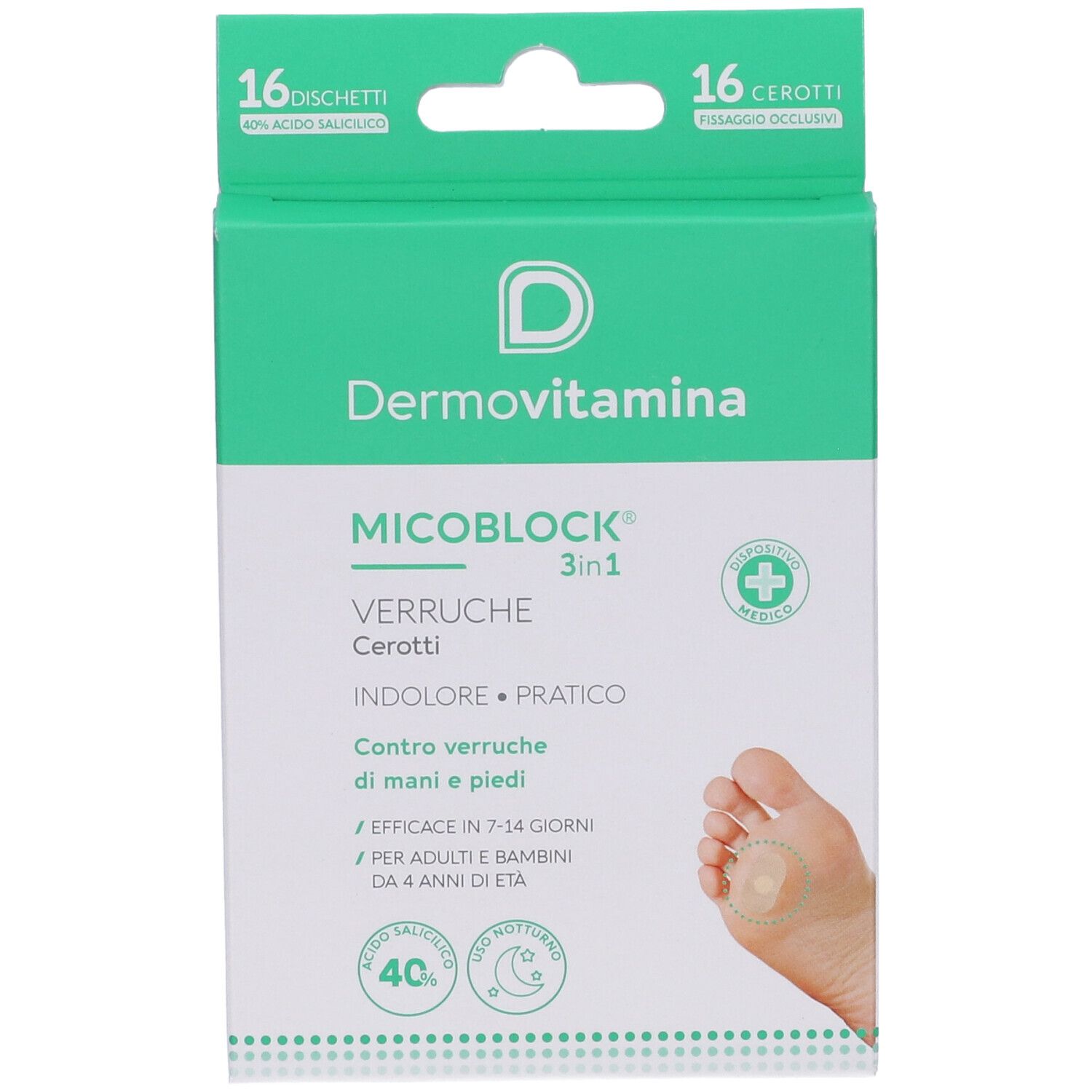 Confezione Dermovitamina Micoblock Verruche Patch. Scatola verde e bianca con logo e immagine di un piede con cerotto.