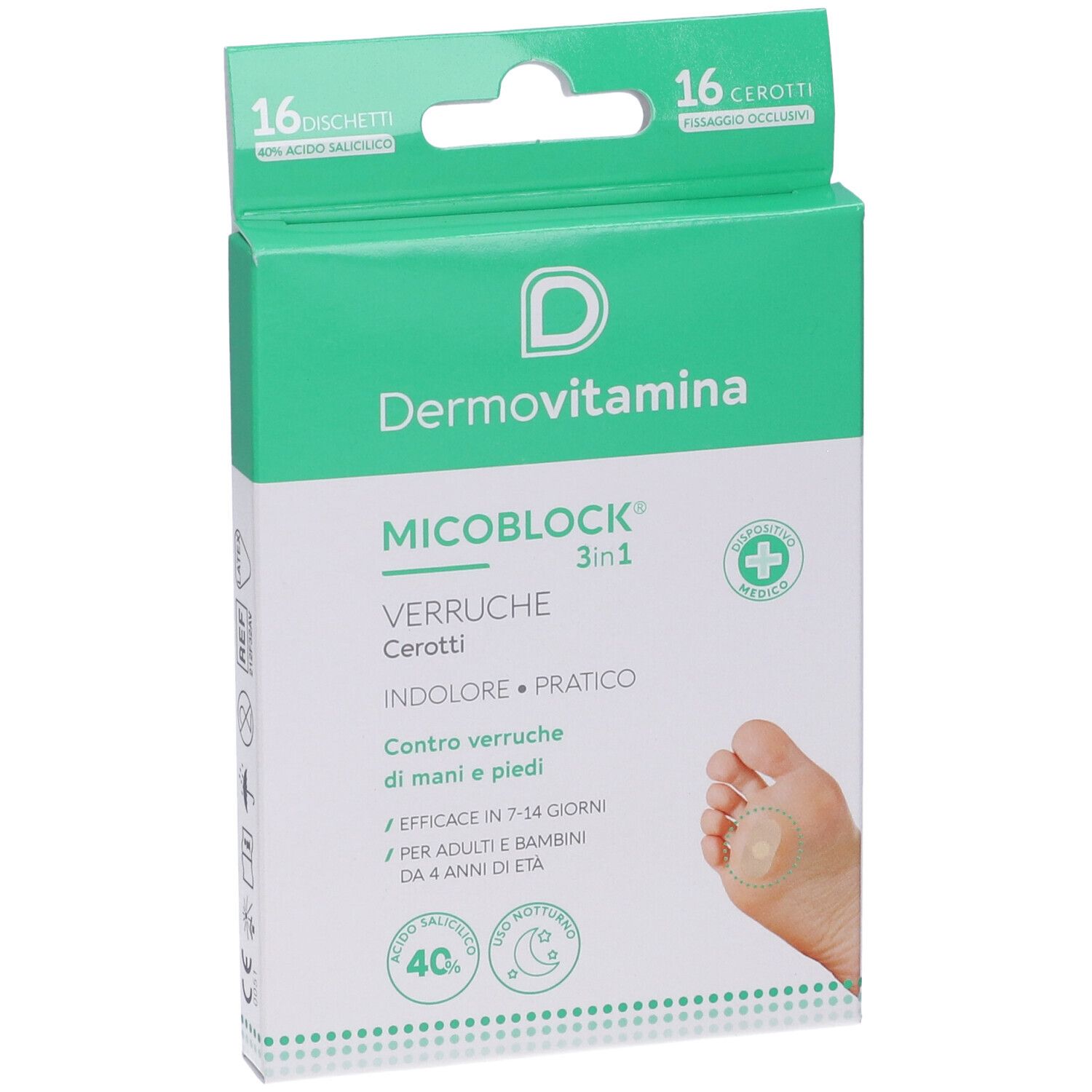 Confezione Dermovitamina Micoblock Verruche Patch. Scatola verde e bianca con logo e immagine di un piede con cerotto.