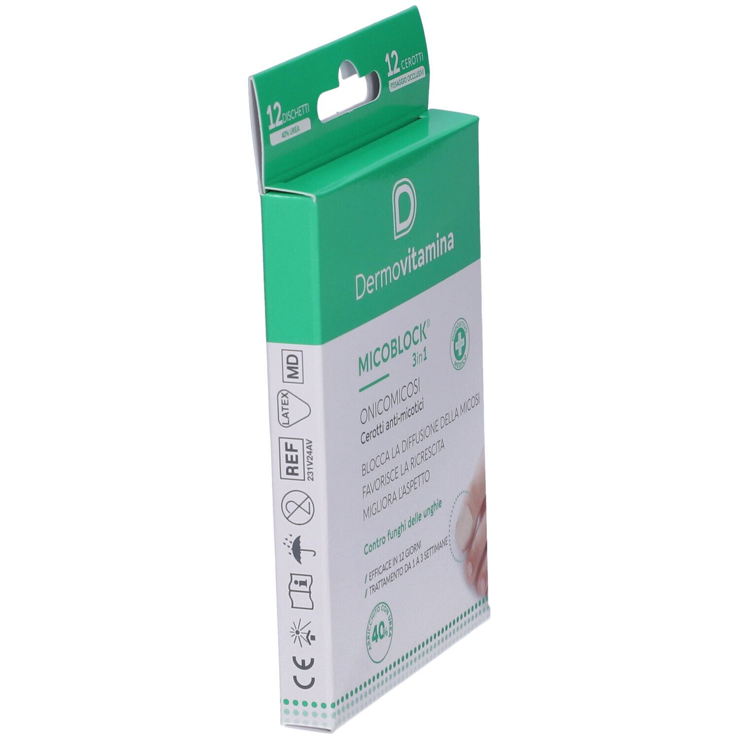Vista laterale della confezione Dermovitamina Micoblock. Contiene 12 cerotti. Testo: Onicomicosi Cerotti anti-micotici. Con simbolo medico.