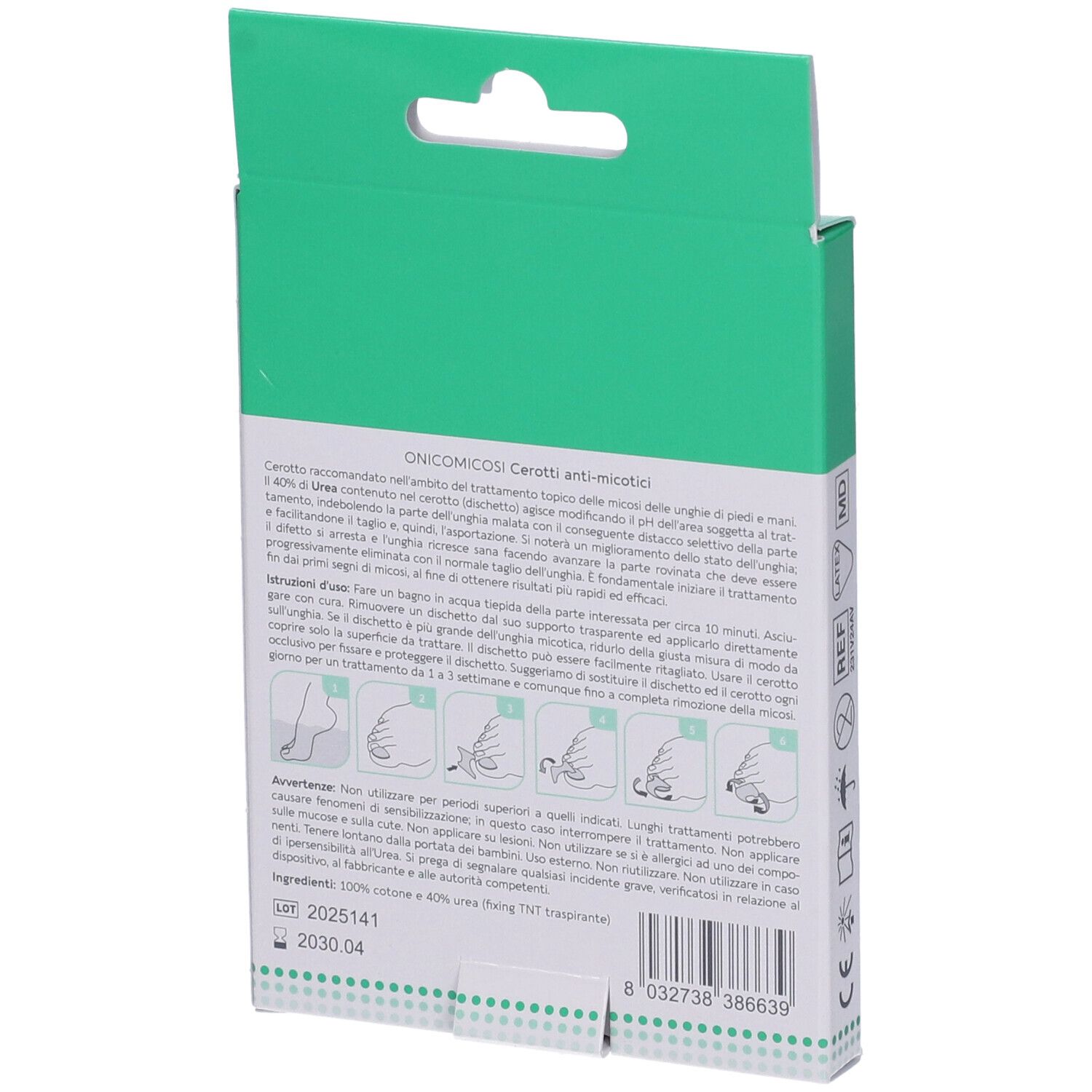 Retro della confezione Dermovitamina Micoblock. Contiene informazioni sull'uso. Con illustrazioni e testo in italiano.