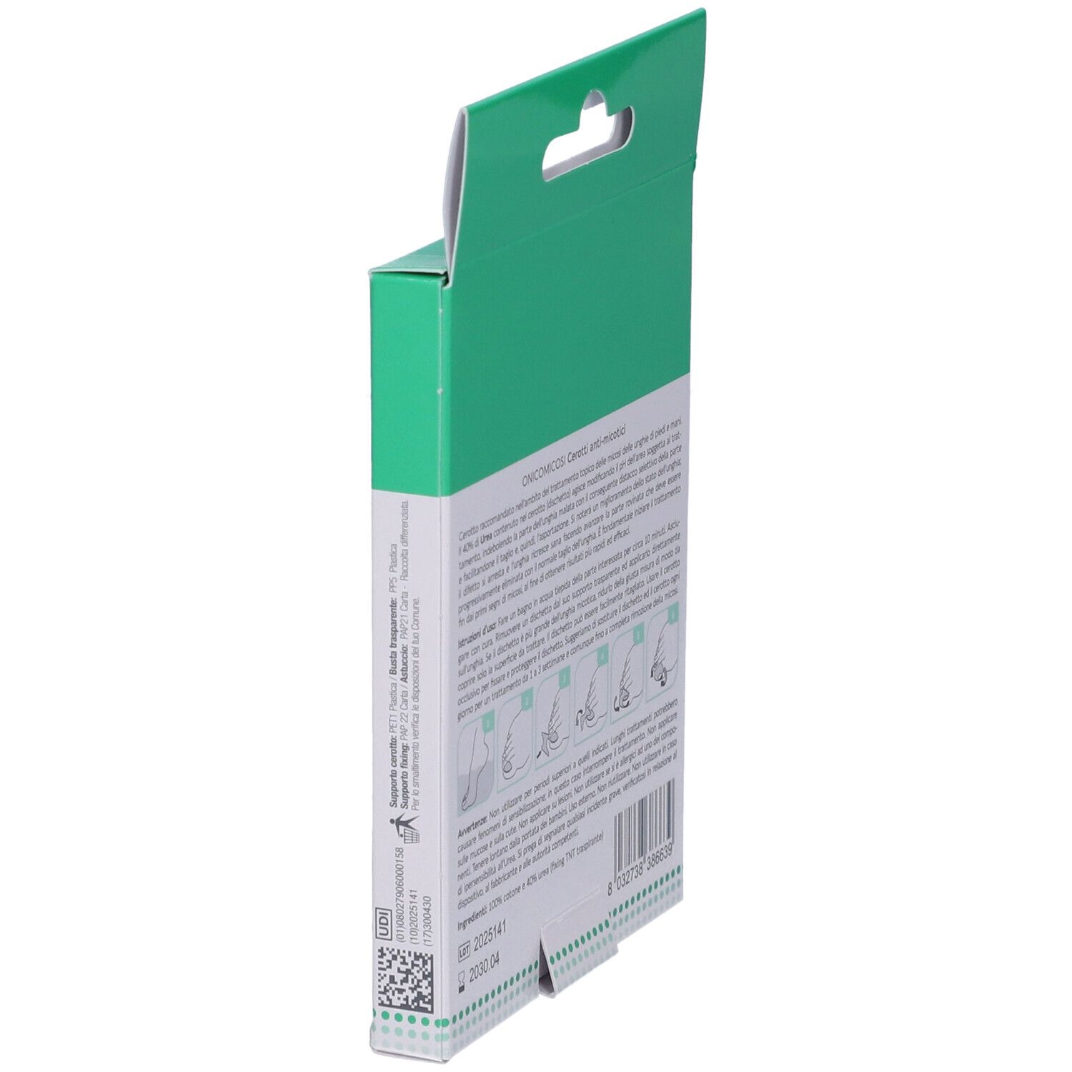 Vista laterale della confezione Dermovitamina Micoblock. Contiene informazioni sull'uso. Con illustrazioni e testo in italiano.