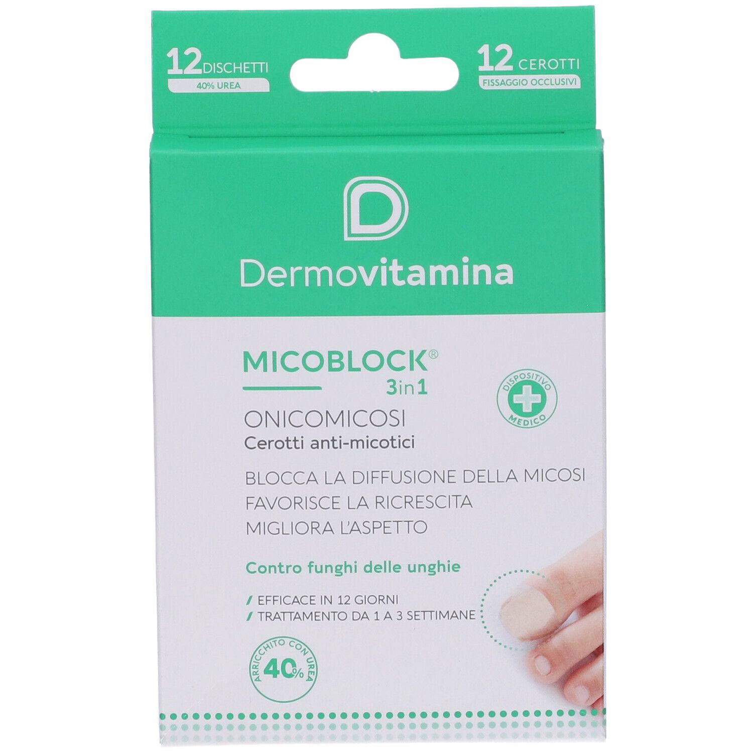 Confezione di Dermovitamina Micoblock. Contiene 12 cerotti. Testo: Onicomicosi Cerotti anti-micotici. Mostra un piede con un cerotto.