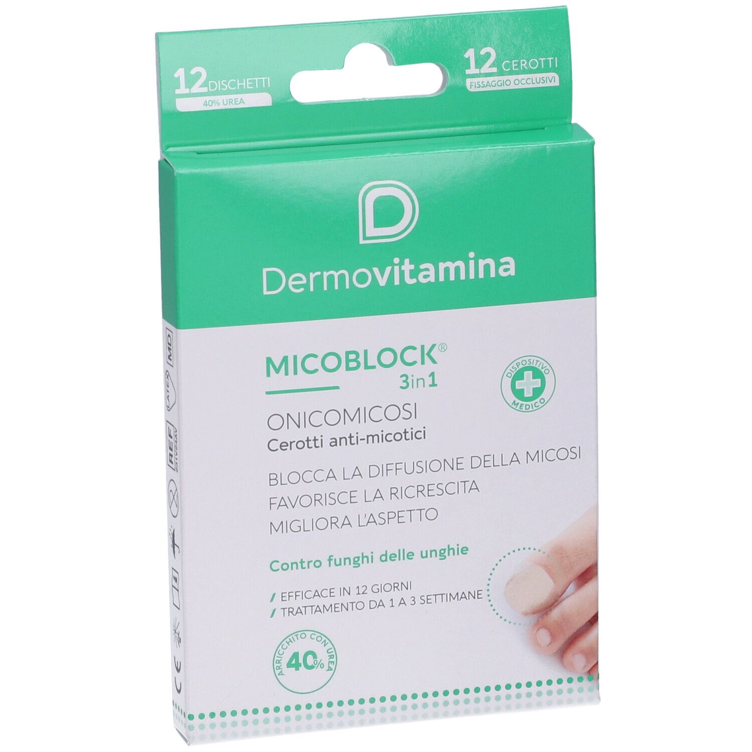 Confezione di Dermovitamina Micoblock. Contiene 12 cerotti. Testo: Onicomicosi Cerotti anti-micotici. Mostra un piede con un cerotto.