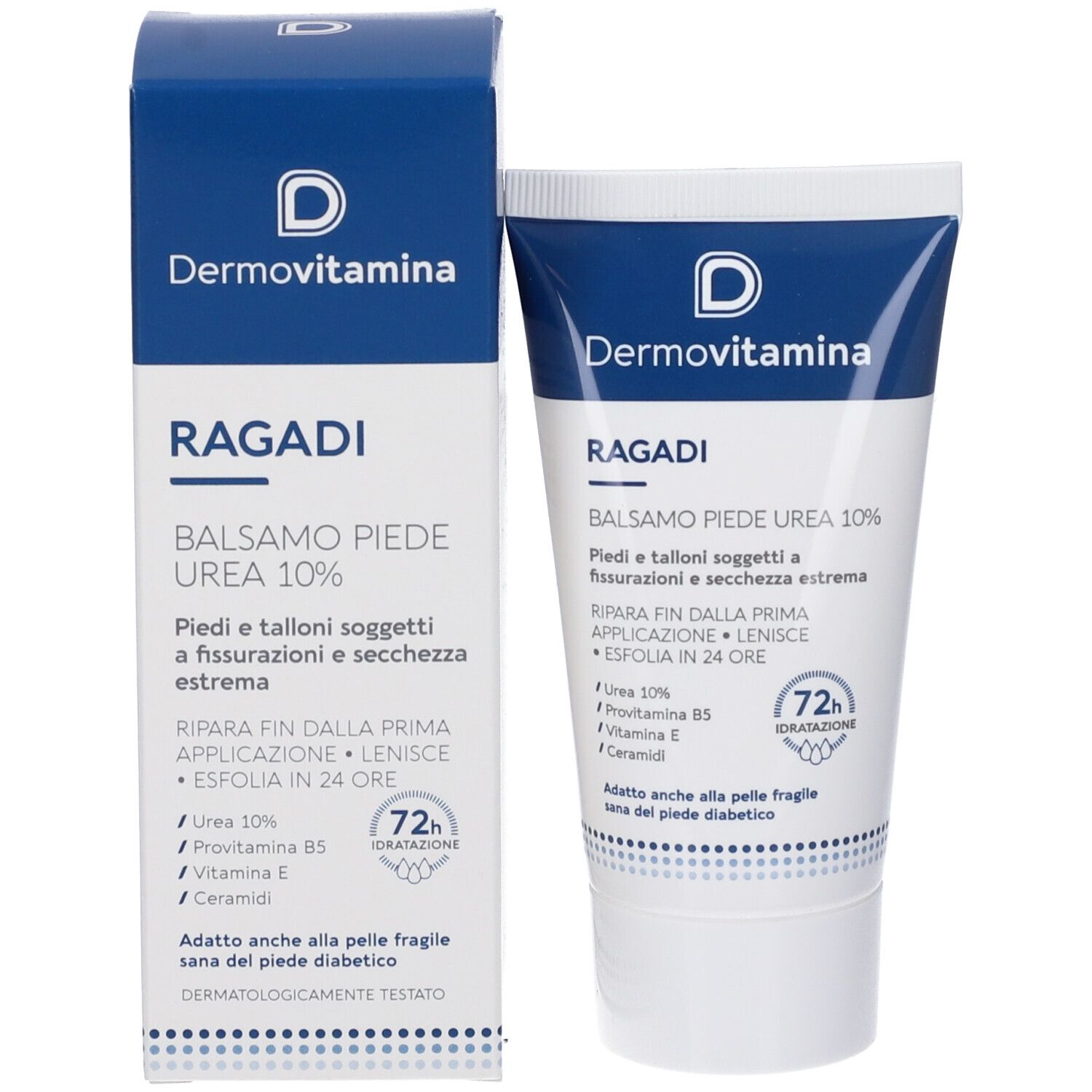 Prodotto con confezione. Tubo e scatola con design blu e bianco. Testo: Balsamo Piede Urea 10%.