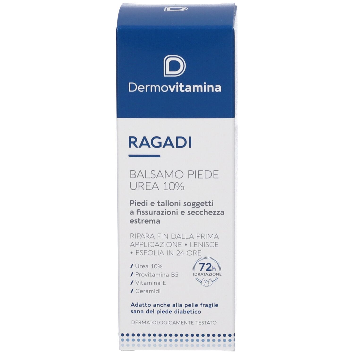 Scatola con design blu e bianco. Testo: Balsamo Piede Urea 10%. Per piedi e talloni. Dermatologicamente testato.