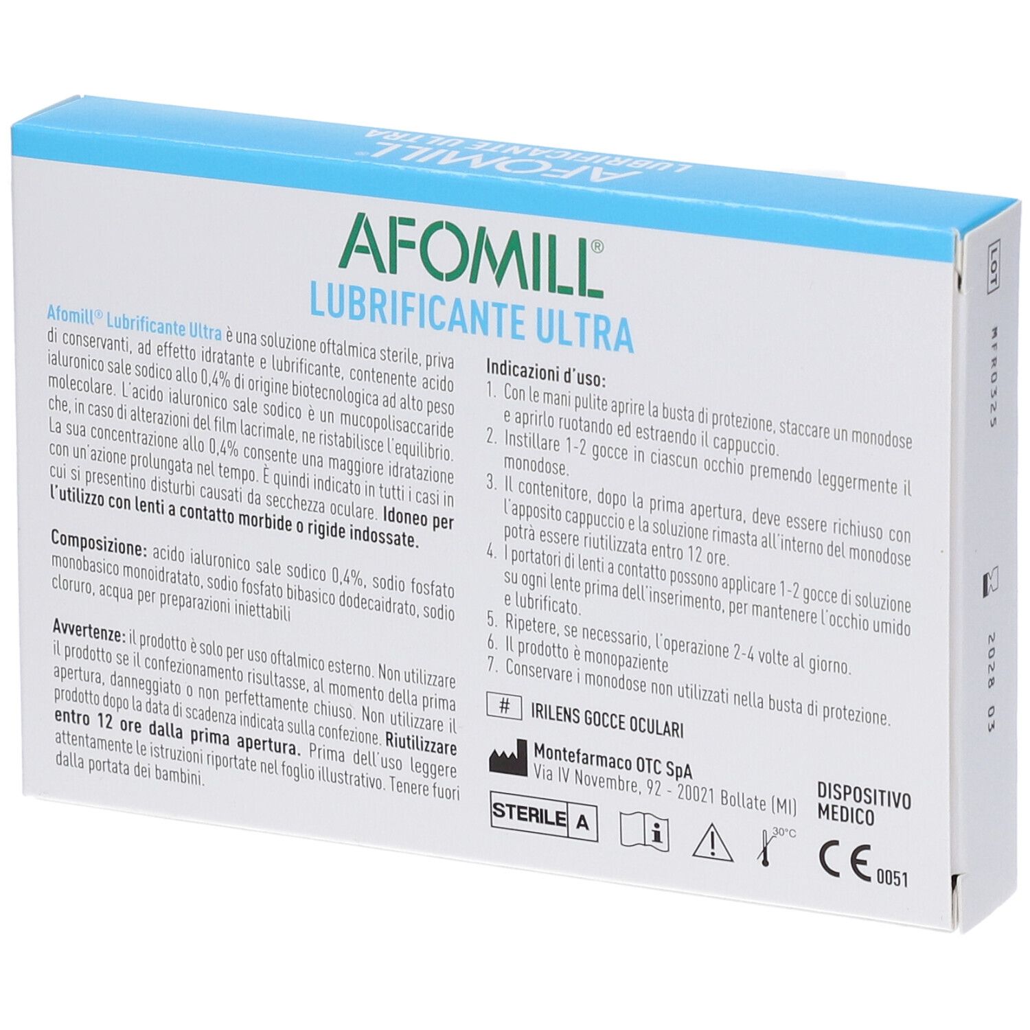 Afomill Lubrificante Ultra, gocce oculari. Retro della scatola blu. Informazioni testuali e istruzioni per l'uso.