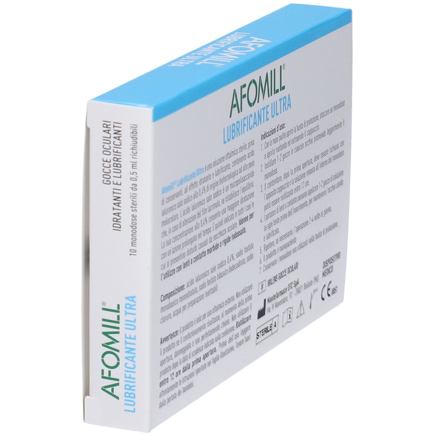 Afomill Lubrificante Ultra, gocce oculari. Scatola blu, vista obliqua. Nome prodotto e testo.