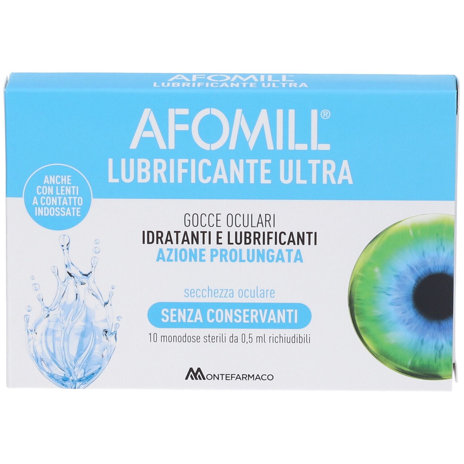 Afomill Lubrificante Ultra, gocce oculari. Scatola blu con nome prodotto e immagine occhio. Contiene 10 monodose.