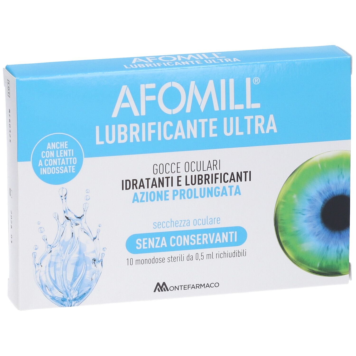 Afomill Lubrificante Ultra, gocce oculari. Scatola blu con nome prodotto e immagine occhio. Contiene 10 monodose.
