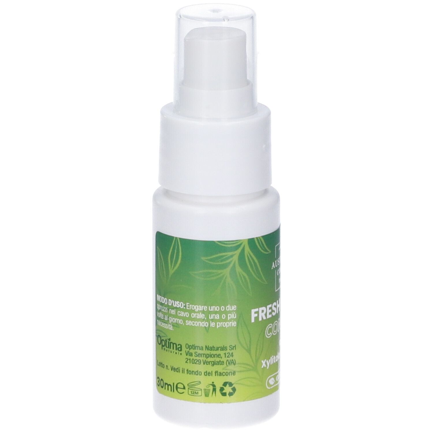 Flacone spray bianco con scritta verde. Nome prodotto: Fresh Breath Control. Contiene xilitolo e Tea Tree. Gusto menta. Testo sul retro.