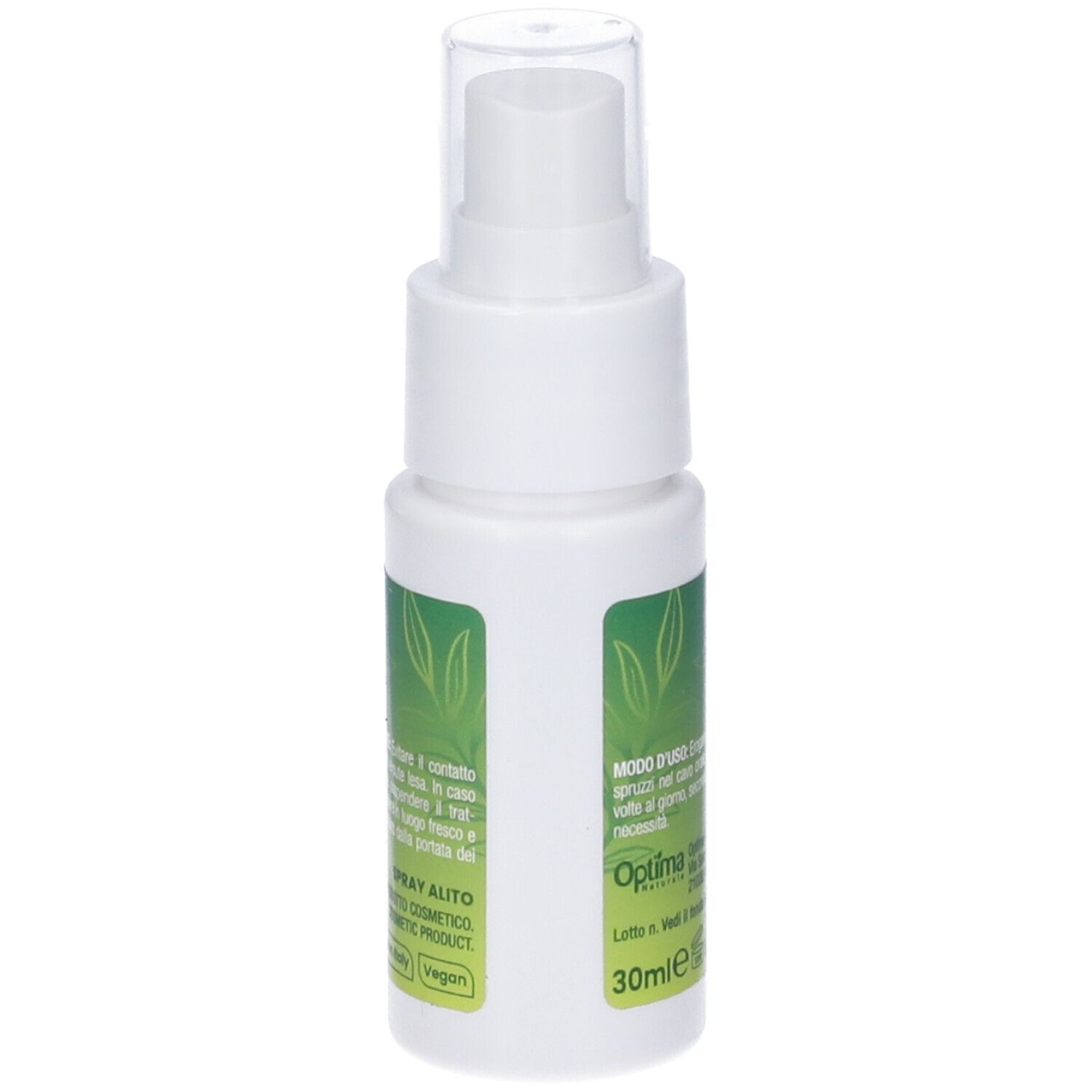 Flacone spray bianco con scritta verde. Nome prodotto: Fresh Breath Control. Contiene xilitolo e Tea Tree. Gusto menta. Testo sul retro.