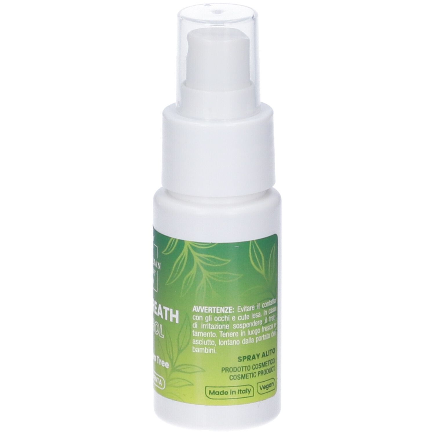 Flacone spray bianco con scritta verde. Nome prodotto: Fresh Breath Control. Contiene xilitolo e Tea Tree. Gusto menta. Testo sul retro.