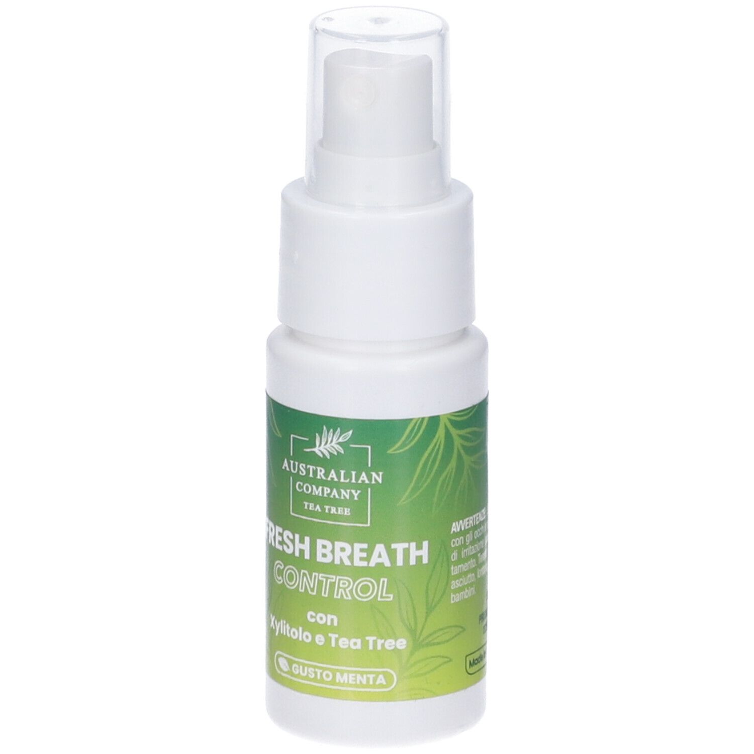 Flacone spray bianco con scritta verde. Nome prodotto: Fresh Breath Control. Contiene xilitolo e Tea Tree. Gusto menta.