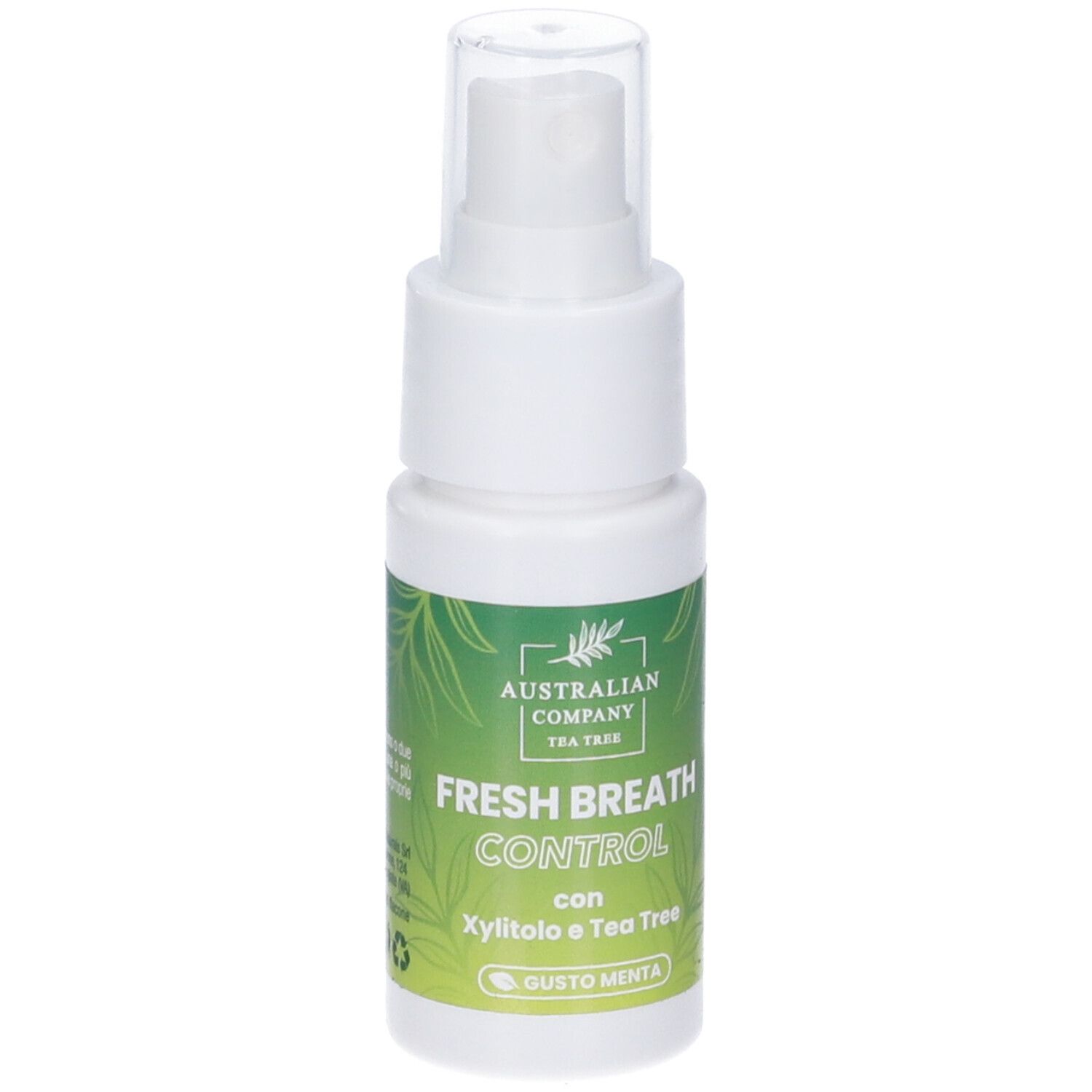 Flacone spray bianco con scritta verde. Nome prodotto: Fresh Breath Control. Contiene xilitolo e Tea Tree. Gusto menta.