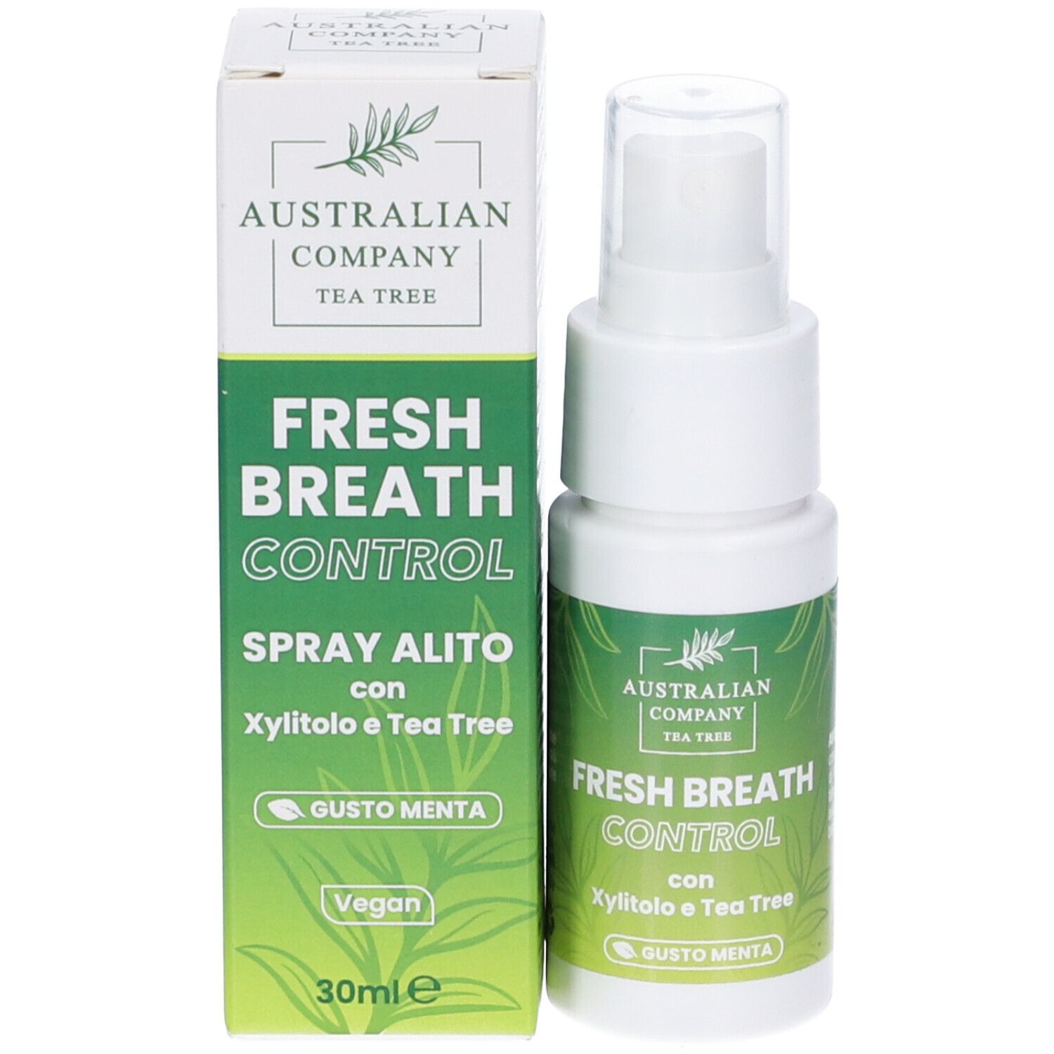 Prodotto e confezione. Flacone spray e scatola. Nome prodotto: Fresh Breath Control. Contiene xilitolo e Tea Tree. Gusto menta.