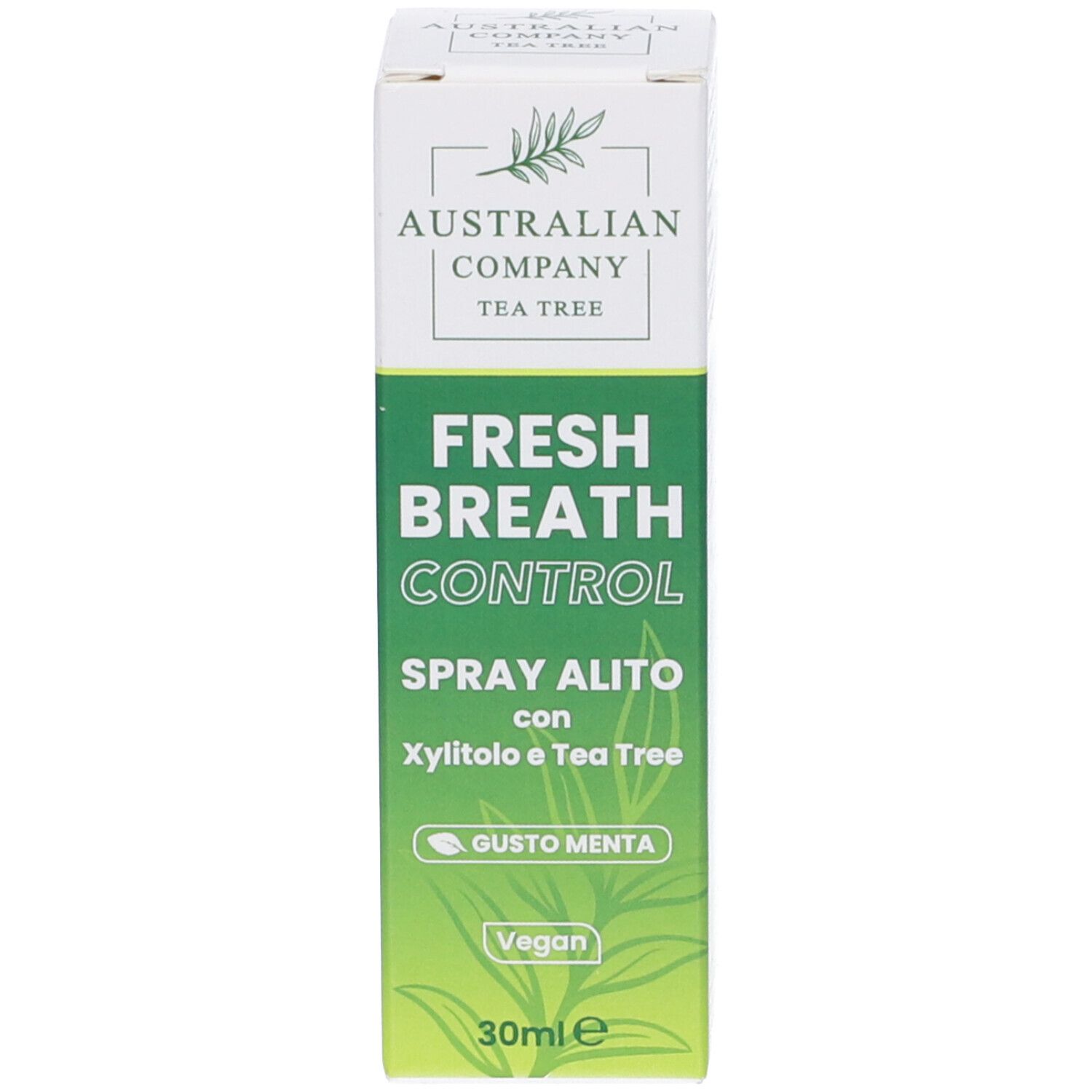 Confezione del prodotto. Scatola con nome prodotto: Fresh Breath Control. Contiene xilitolo e Tea Tree. Gusto menta. 30ml.
