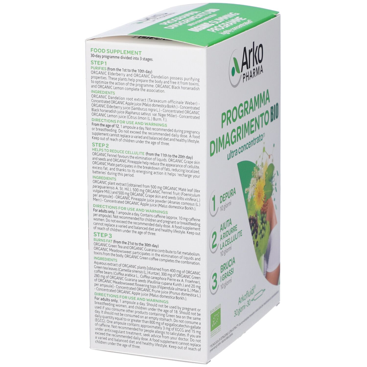Vista laterale della confezione di ArkoPharma ArkoFluidi® Programma Dimagrimento BIO Fiale. Testo con ingredienti e istruzioni. Contiene 30 fiale.