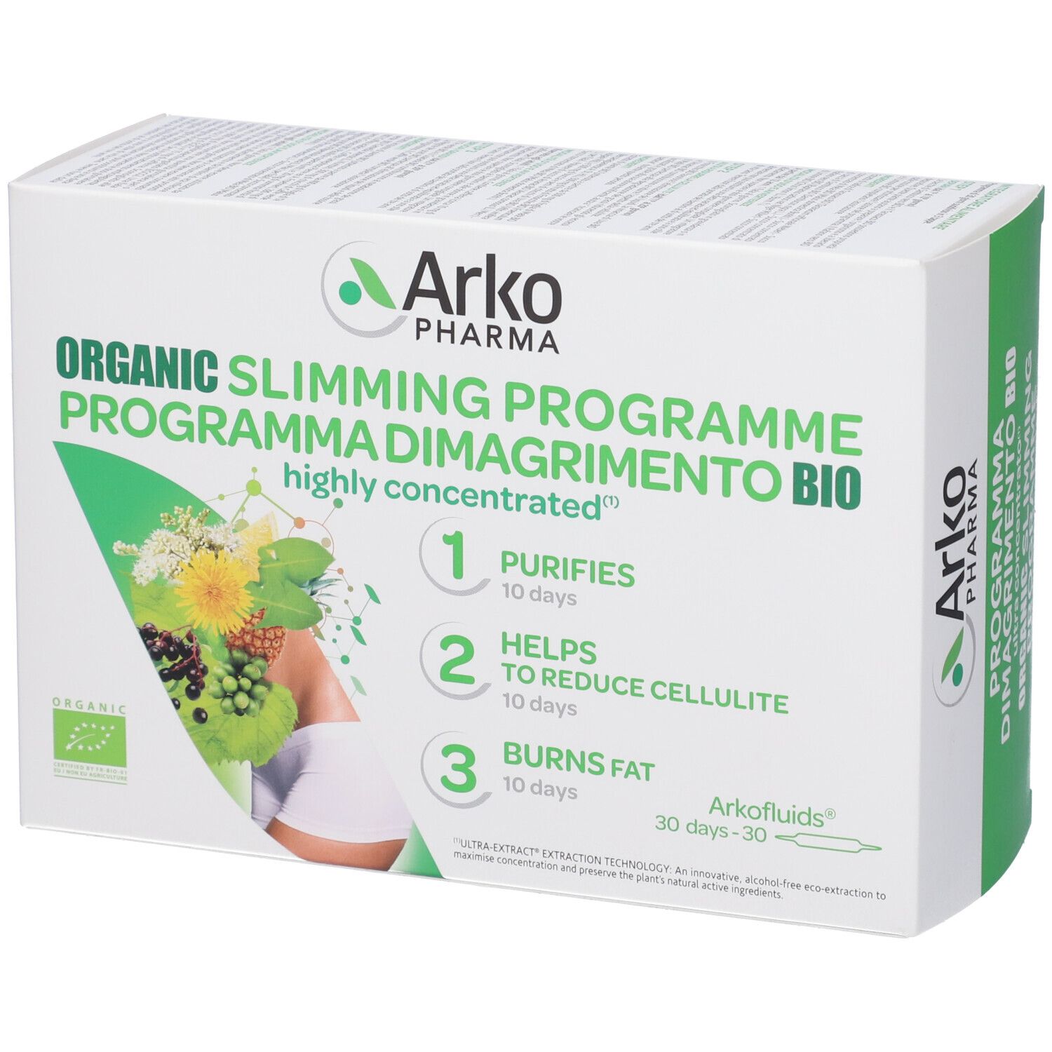 Confezione di ArkoPharma ArkoFluidi® Programma Dimagrimento BIO Fiale. Scatola verde e bianca con nome e logo. Contiene 30 fiale.