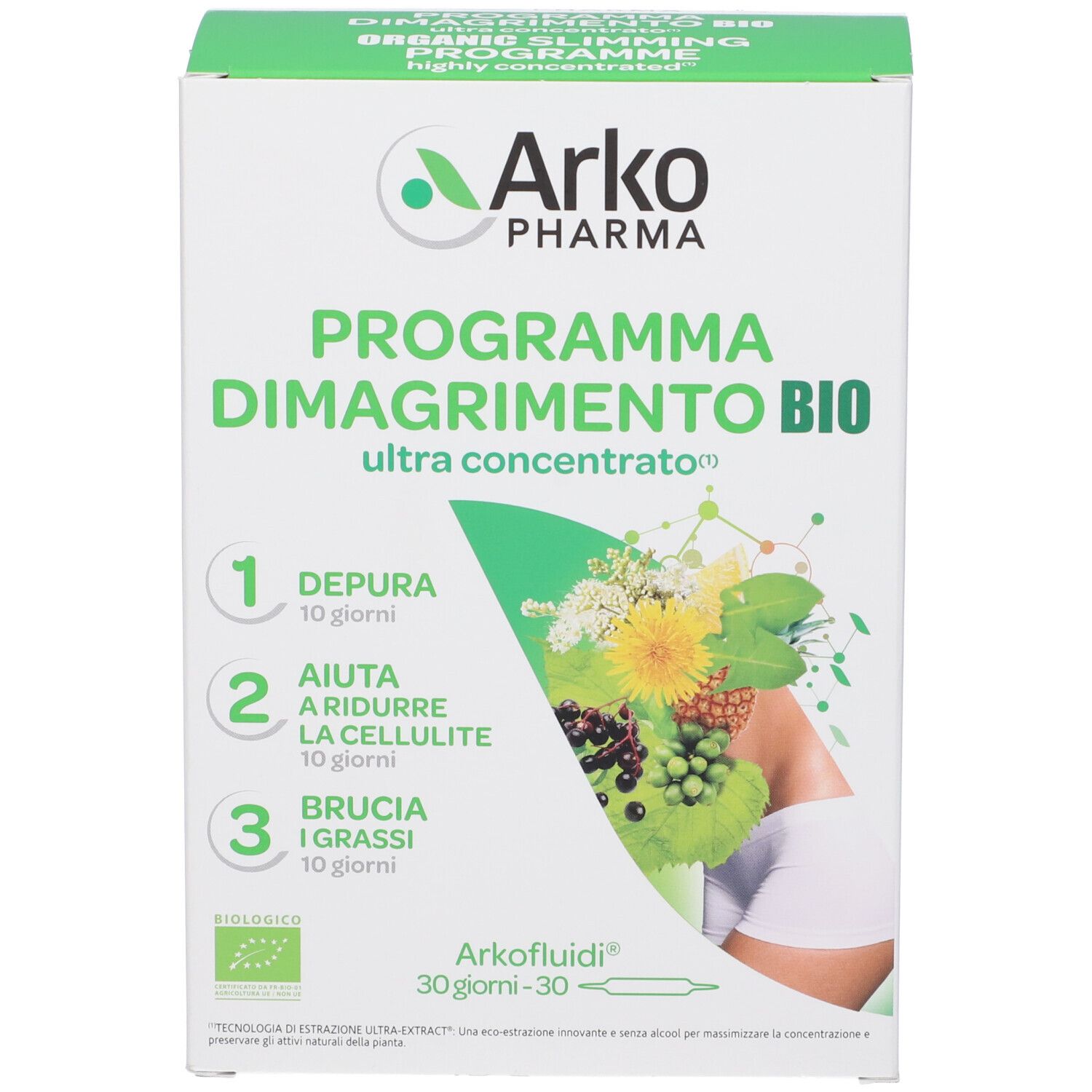 Confezione di ArkoPharma ArkoFluidi® Programma Dimagrimento BIO Fiale. Scatola verde e bianca con nome e logo. Contiene 30 fiale.