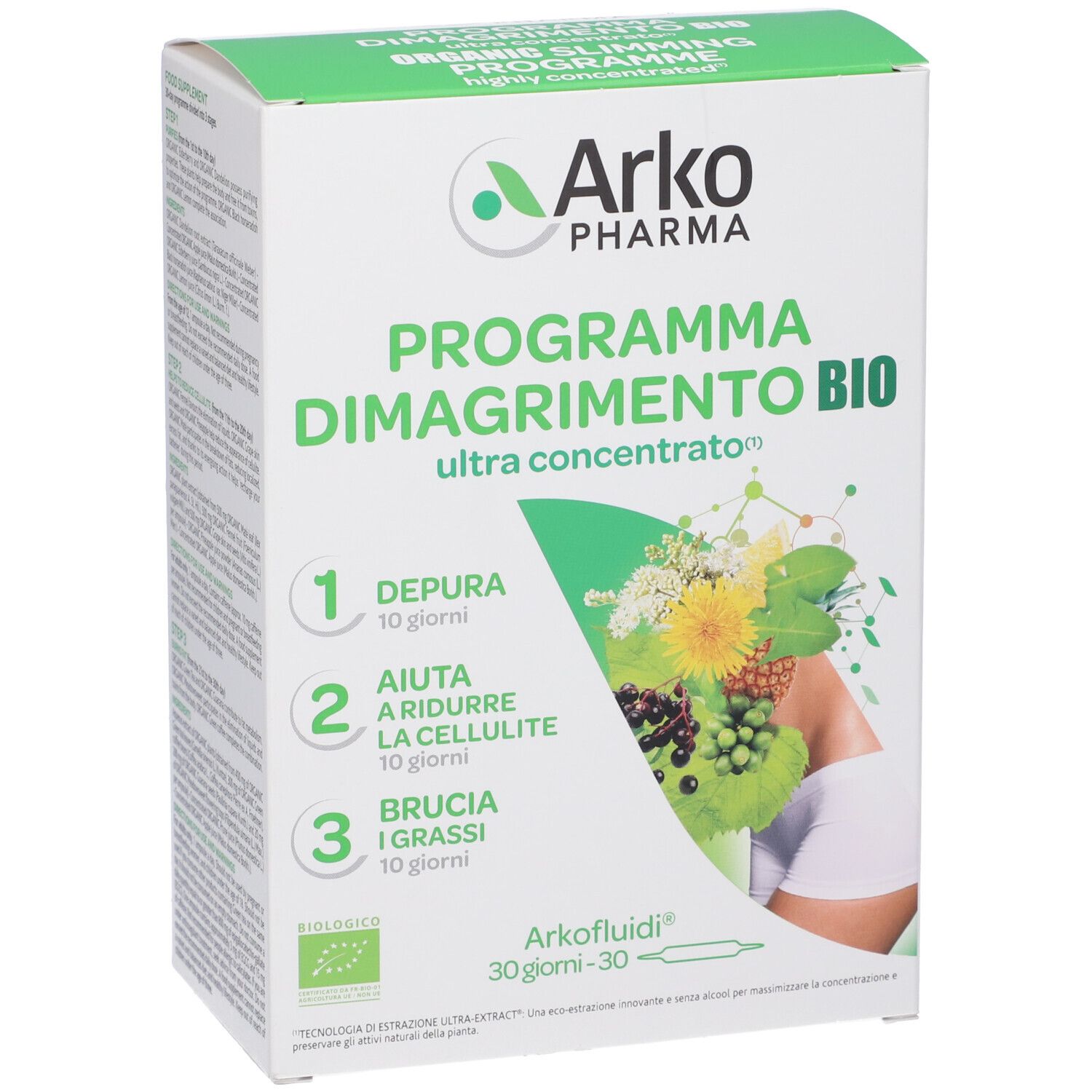 Confezione di ArkoPharma ArkoFluidi® Programma Dimagrimento BIO Fiale. Scatola verde e bianca con nome e logo. Contiene 30 fiale.