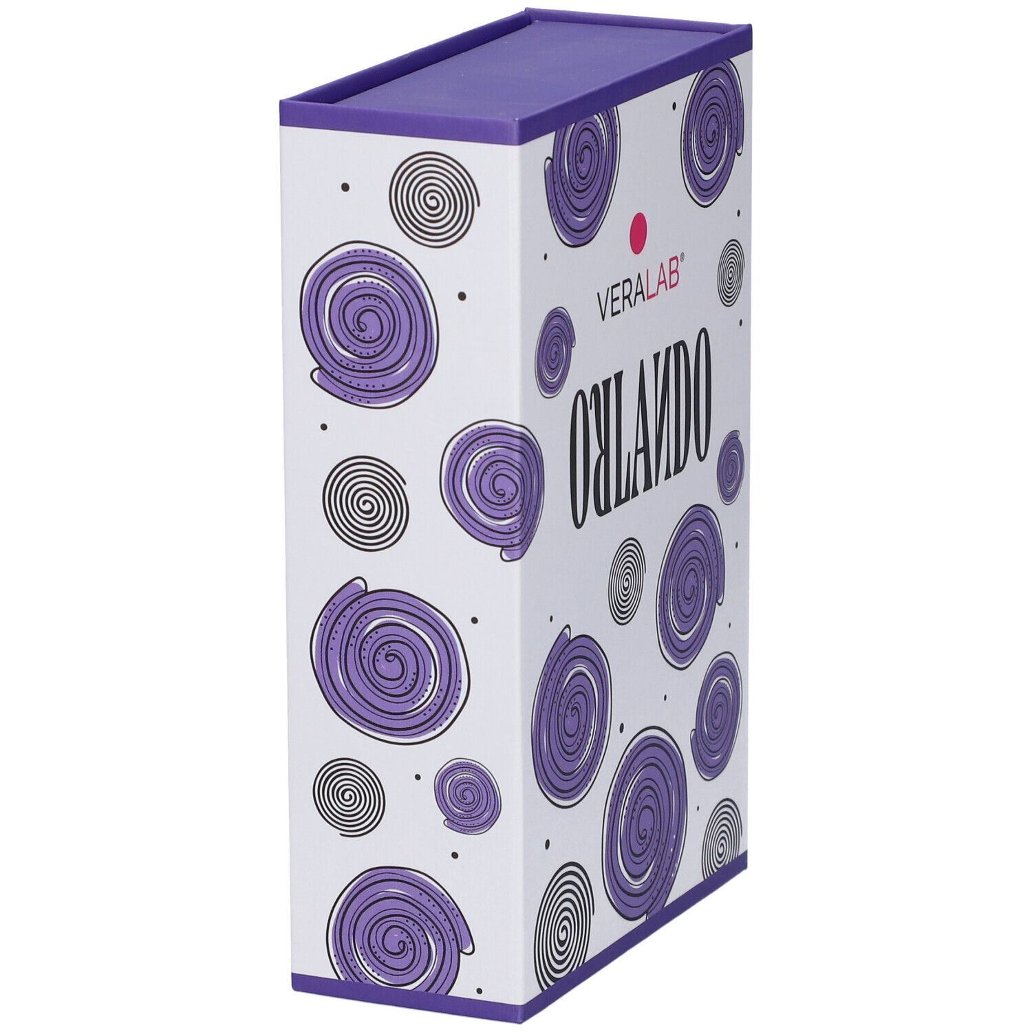 Confezione rettangolare, coperchio viola. Scritta VERALAB, ORLANDO. Motivi a spirale viola e nere.