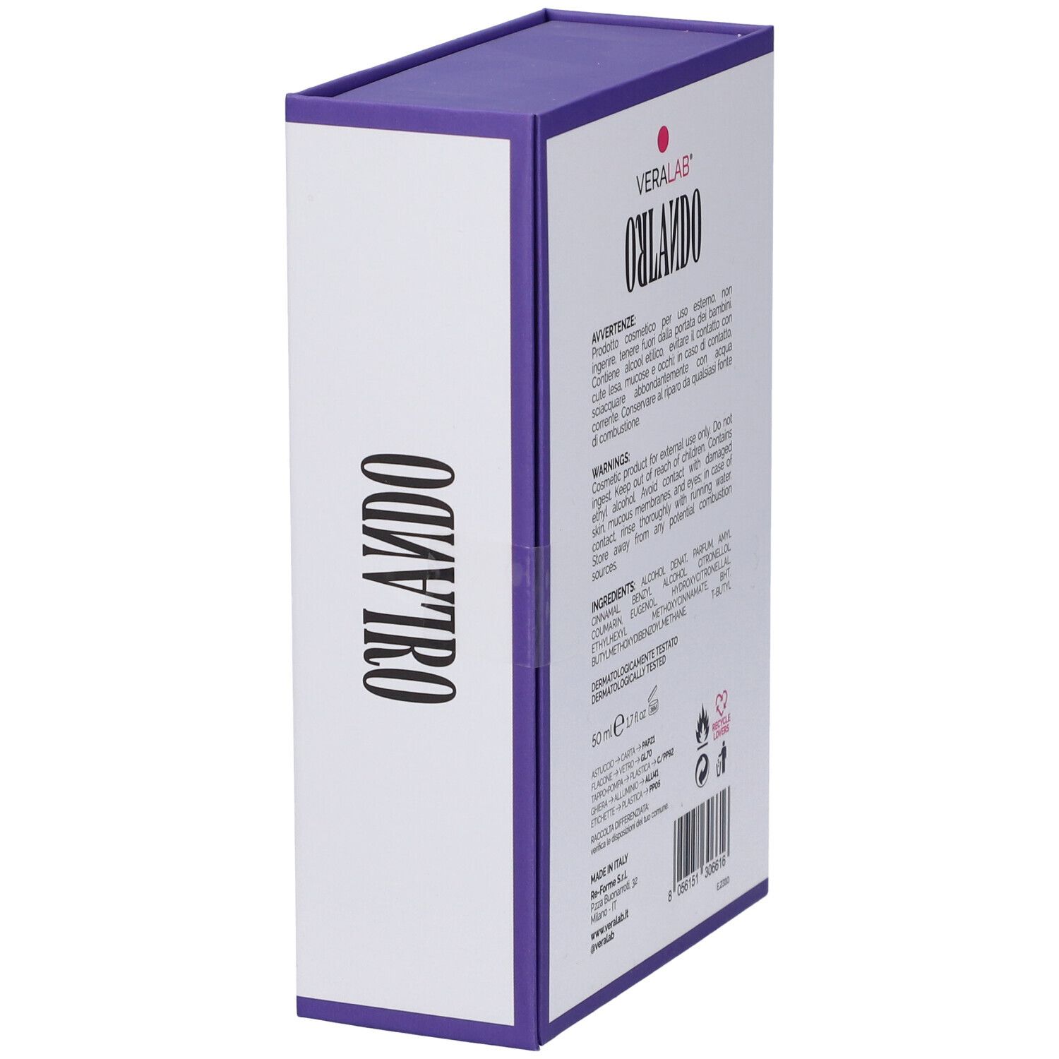 Confezione con testo. Scritta VERALAB, ORLANDO. Contiene avvertenze e ingredienti. 50 ml.