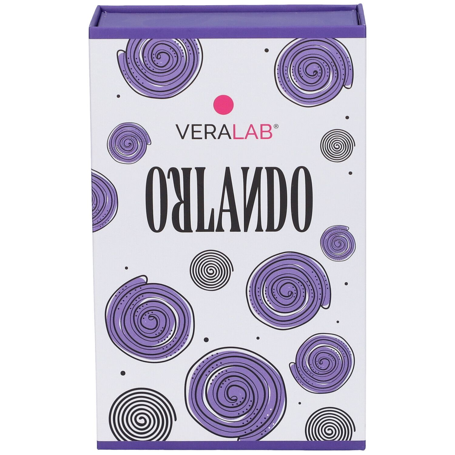 Confezione rettangolare con coperchio viola. Scritta VERALAB, ORLANDO. Motivi a spirale viola e nere.