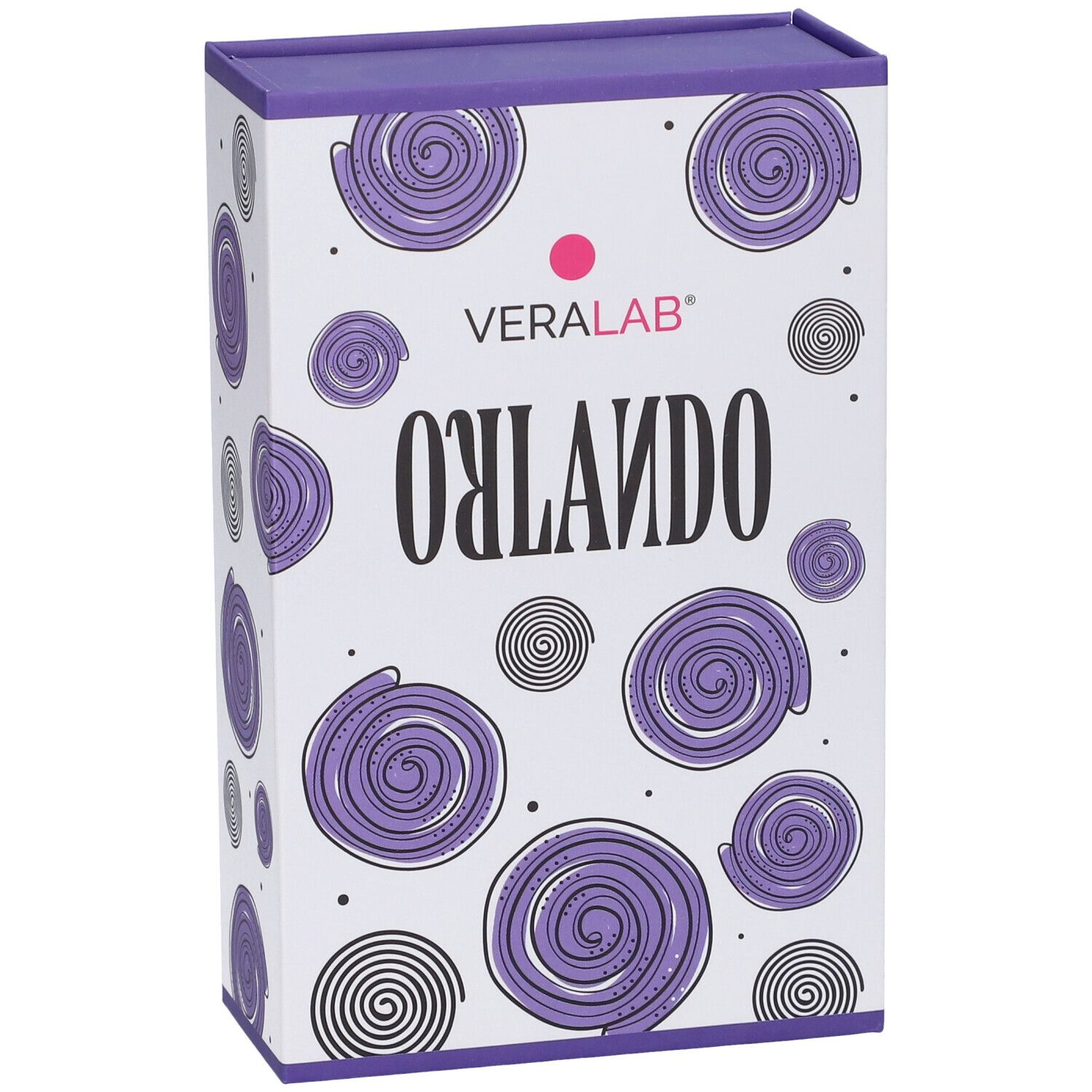 Confezione rettangolare con coperchio viola. Scritta VERALAB, ORLANDO. Motivi a spirale viola e nere.